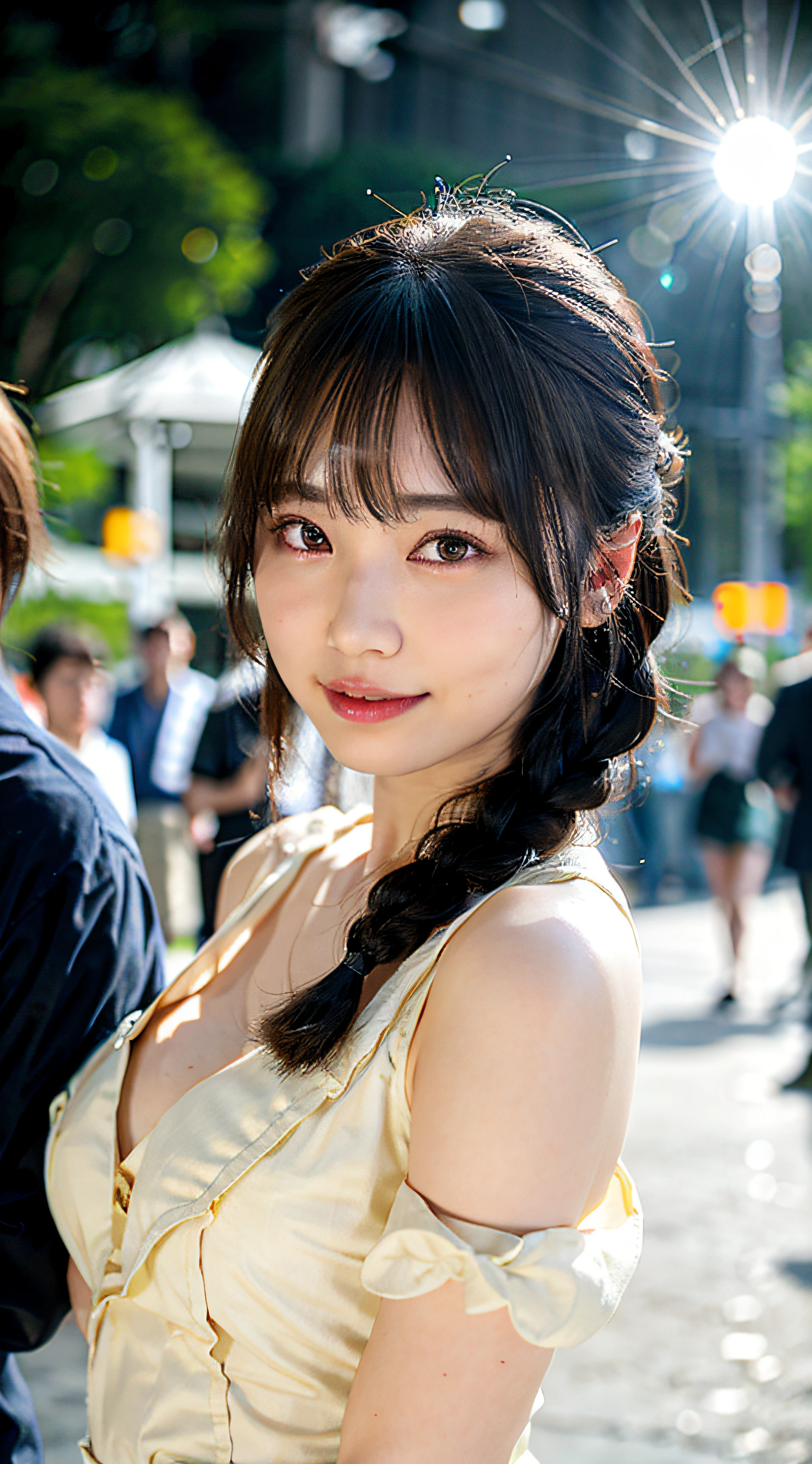 Top Quality, Photorealistic, 8K, High Resolution, Girl, 1 Girl, Women, (Skin Dent), (Big Breasts), (Professional Lighting, Bokeh), (Street), (People, Crowd: 0.6), Market, (Night: 1.2), (Brown), (Blouse: 1.5), (Portrait: 0.6), Gorgeous, Bloom, (Floating Hair), Braided Hair, (Light particles, Lens flare, Lumine particles: 0.6), (Dynamic Pose: 1.2), Soft Lighting, (((vulgarity)), silly,