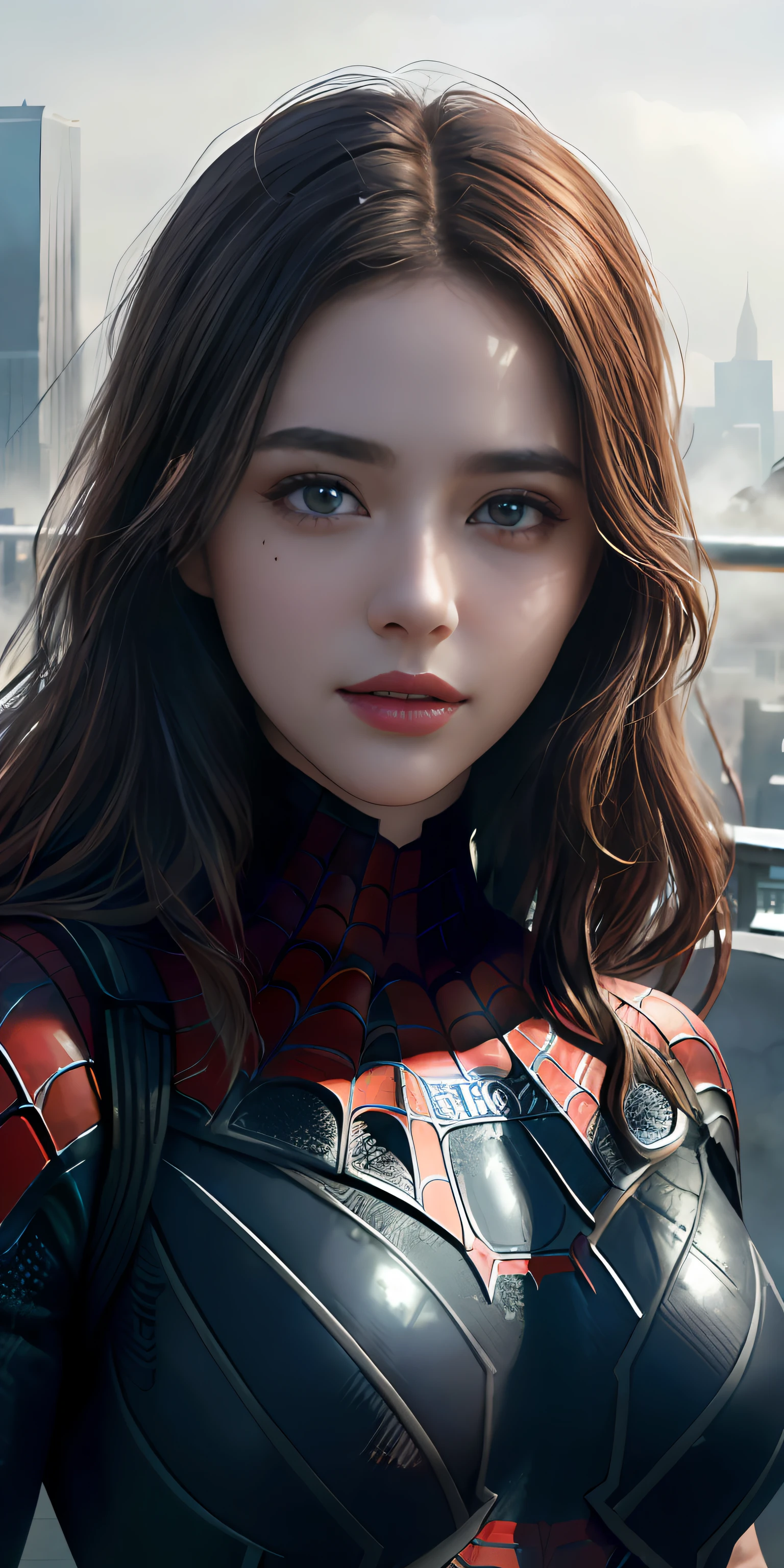 (1girl:1.3), Solo, (((Very detailed face)))), ((Very detailed eyes and face)))), Beautiful detail eyes, Body parts__, Official art, Unified 8k wallpaper, Super detailed, beautiful and beautiful, beautiful, masterpiece, best quality, original, masterpiece, super fine photo, best quality, super high resolution, realistic realism, sunlight, full body portrait, amazing beauty, dynamic pose, delicate face, vibrant eyes, (from the front), She wears Spider-Man suit, red and black color scheme, spider, very detailed city roof background, rooftop, overlooking the city, detailed face, detailed complex busy background, messy, gorgeous, milky white, highly detailed skin, realistic skin details, visible pores, clear focus, volumetric fog, 8k uhd, DSLR, high quality, film grain, fair skin, photo realism, lomography, futuristic dystopian megalopolis, translucent ,