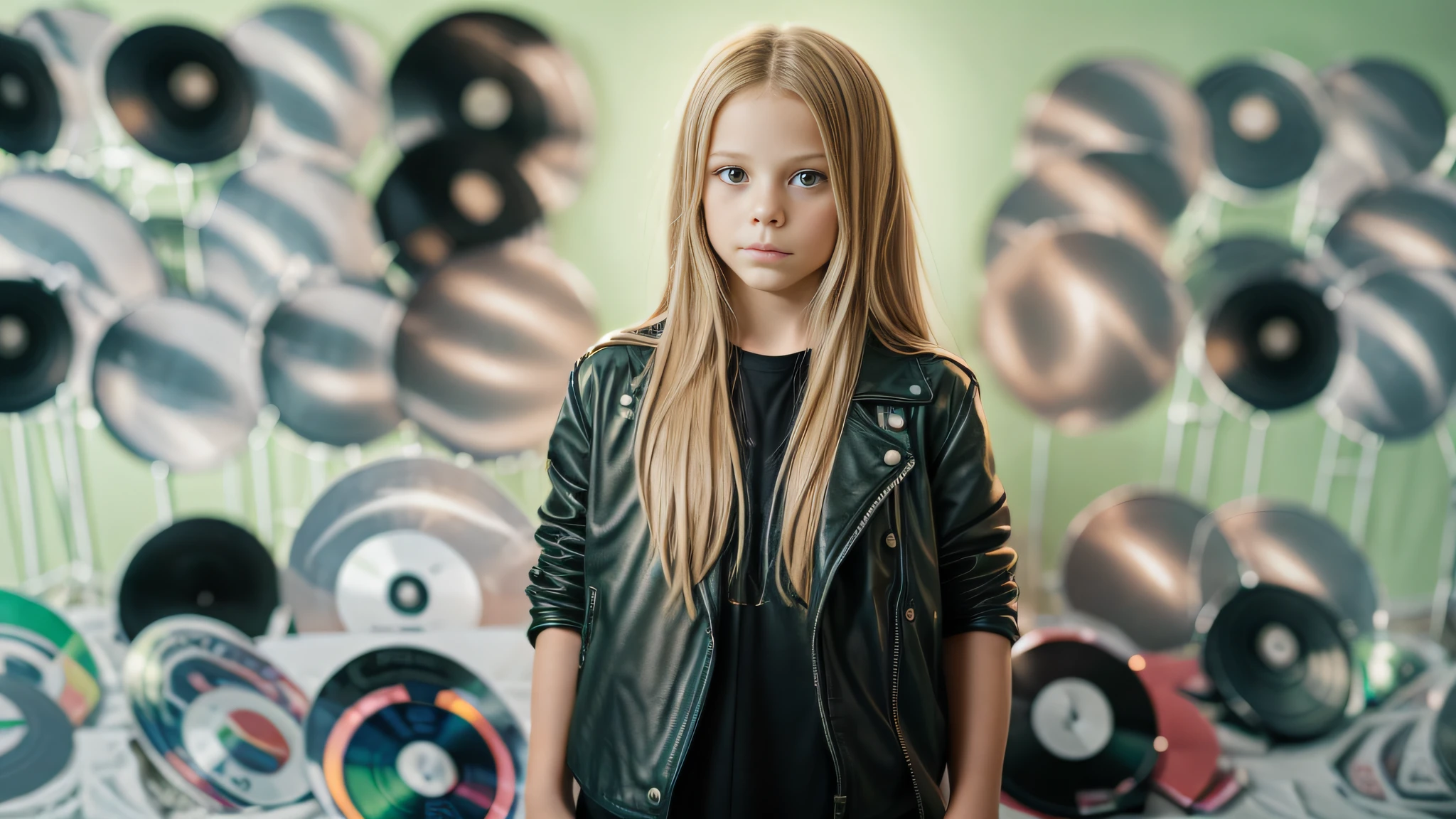 12 year old girl, long blonde straight hair, with black leather jacket and black clothing, in the photographic studio, with white infinite background, GREEN BACKLIGHT with many cds and vinyls on the floor, SOFT GREEN LIGHT.