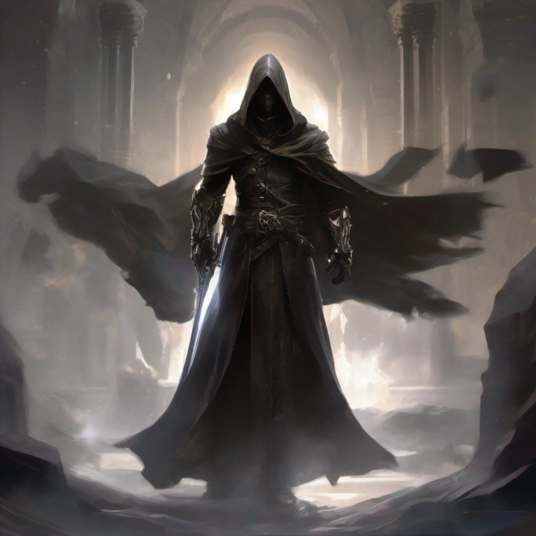a man in a hoodedie and a hoodie standing in front of a dark background, corvo attano, dark fantasy character design, video game character art, dark hooded wraith, dark cloaked necromancer, flowing robes and leather armor, stunning character art, craig mullins dark key, wearing leather assassin armor, video game characters designs, cloaked