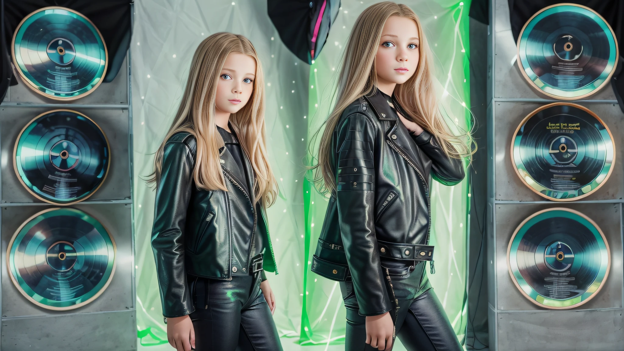 12 year old girl, long blonde straight hair, with black leather jacket and black clothing, in the photographic studio, with white infinite background, GREEN BACKLIGHT with many cds and vinyls on the floor, SOFT GREEN LIGHT.