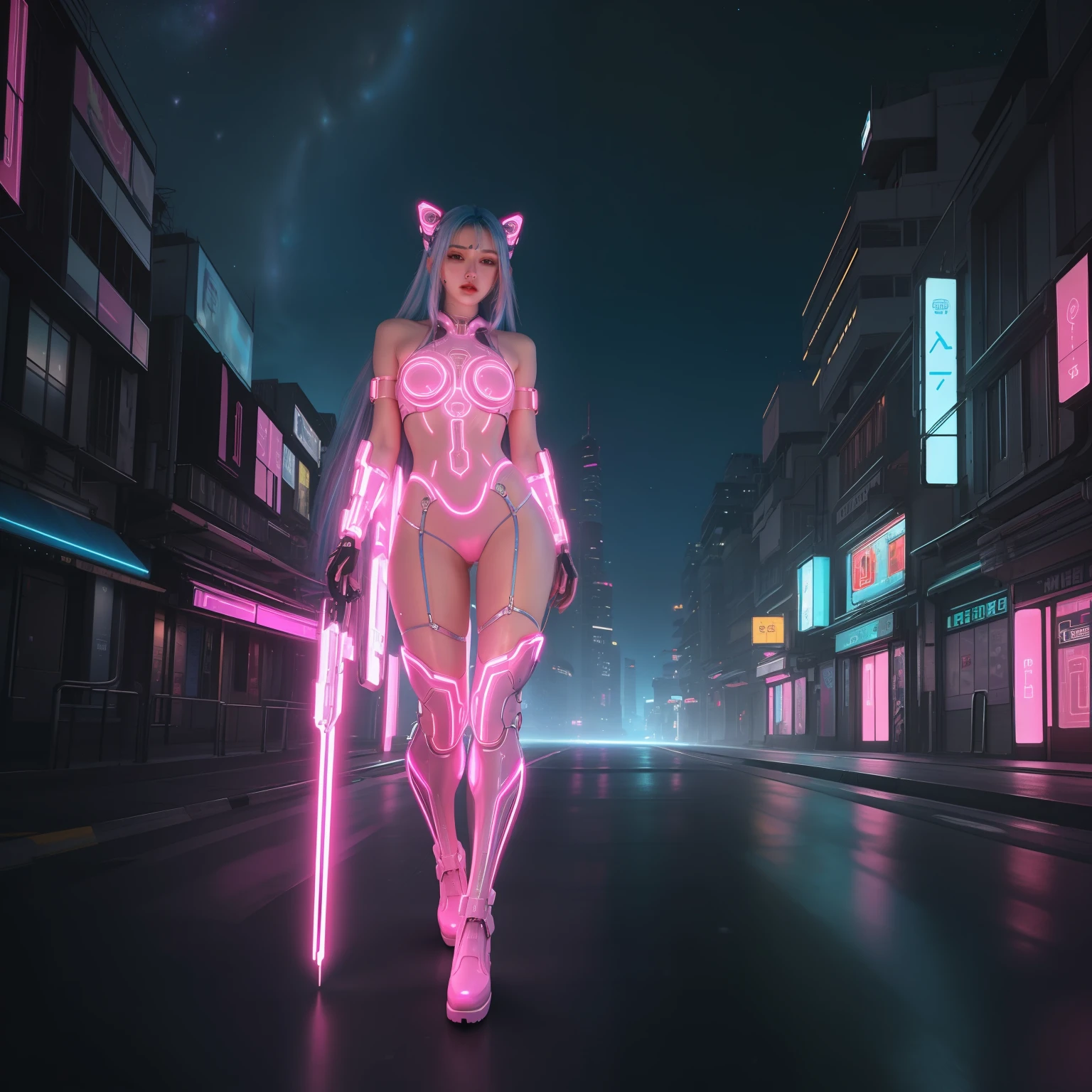 (masterpiece:1.2, best quality:1.2, beautiful, high quality, highres:1.1, aesthetic), detailed, extremely detailed, ambient soft lighting, perfect eyes, perfect face, 1girl, long blue hair, hair ornament, pink cybernetic, pink cybernetic_enhancements, red cybernetic amor, amor shoulder, looking at the viewer, slim body, futuristic cities, sexy pose, erotic pose, full_body, silver, night time, neon outlines, galaxies, full body