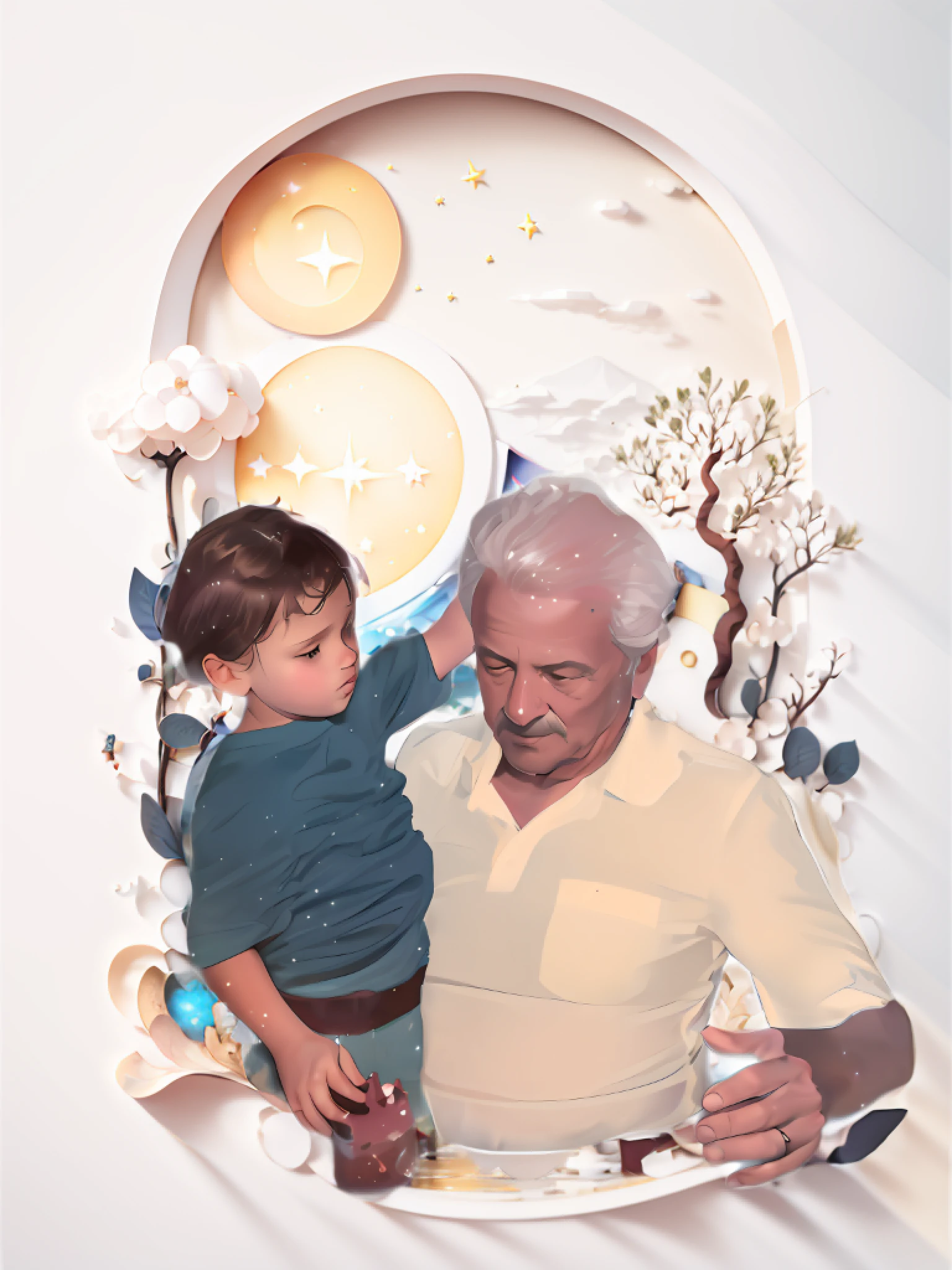 (((obra-prima))), melhor qualidade, illustration, lindodetalheedglow, Papel_cortar, tree, ....lua, nuvem, estrelas, passaros, Astros, universo, constructions, ((Realismo)), Fotografia RAW da mais alta qualidade, Child with grandfather, Child dreaming among the clouds, Child and grandfather among clouds, estrelas, ......lua, universo, Meeting with the grandfather in heaven, Child and grandfather together in heaven, (((master part))), best quality, heaven, Cloud, water, estrela, tree, noite, ....lua, Building, estrela \(heaven\), night sky, scenecy, starly sky, pintura em aquarela, fundo claro, melhor qualidade detalhes requintados, 3D rendering, octan render, (((ultra realistic))), (((Original reference))), ((Semelhante ao original)), ((The original photo doesn't change)), extremely detailed lighting, Lighting rich in shadow and light details, kinematic lighting, flutuando nas nuvens