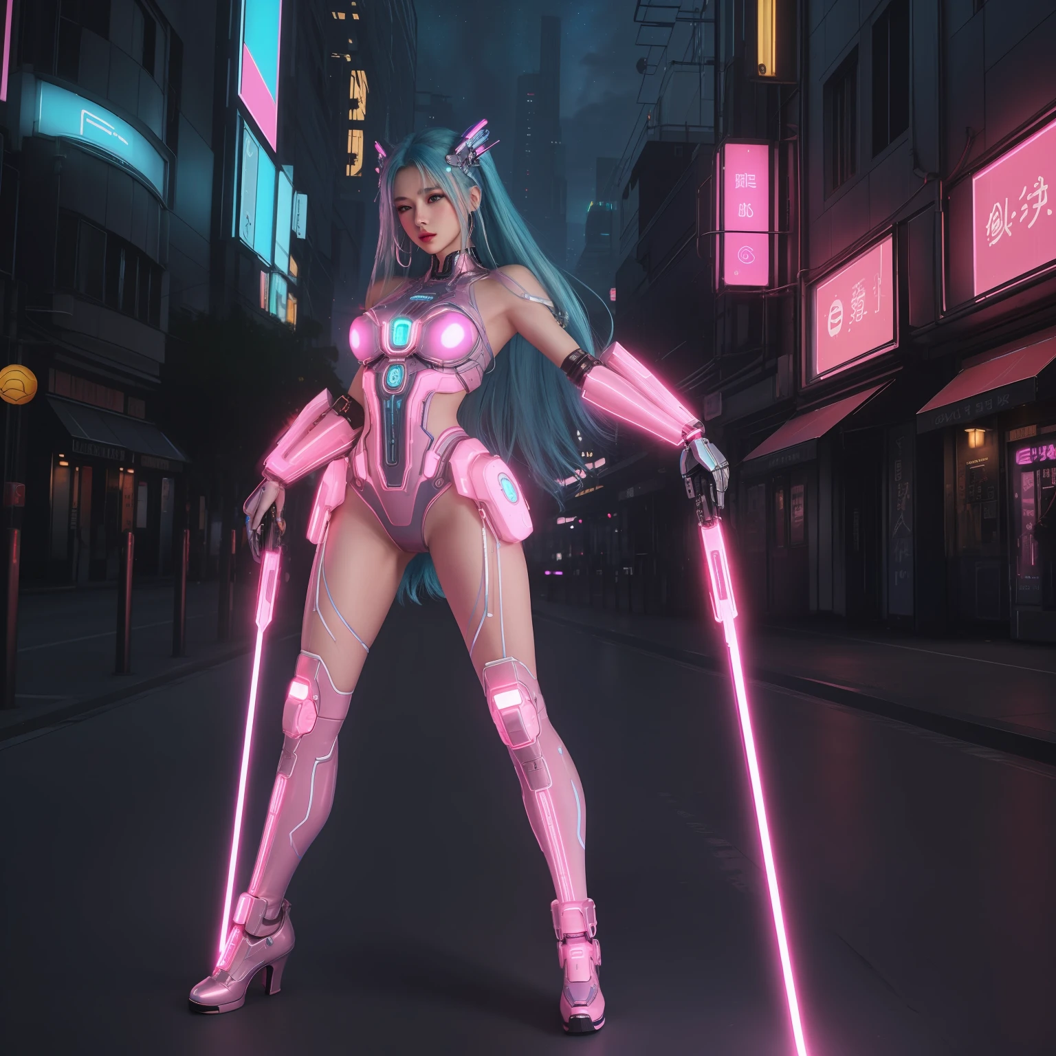 (masterpiece:1.2, best quality:1.2, beautiful, high quality, highres:1.1, aesthetic), detailed, extremely detailed, ambient soft lighting, perfect eyes, perfect face, 1girl, long blue hair, hair ornament, pink cybernetic, pink cybernetic_enhancements, red cybernetic amor, amor shoulder, looking at the viewer, slim body, futuristic cities, sexy pose, erotic pose, full_body, silver, night time, neon outlines, galaxies, full body