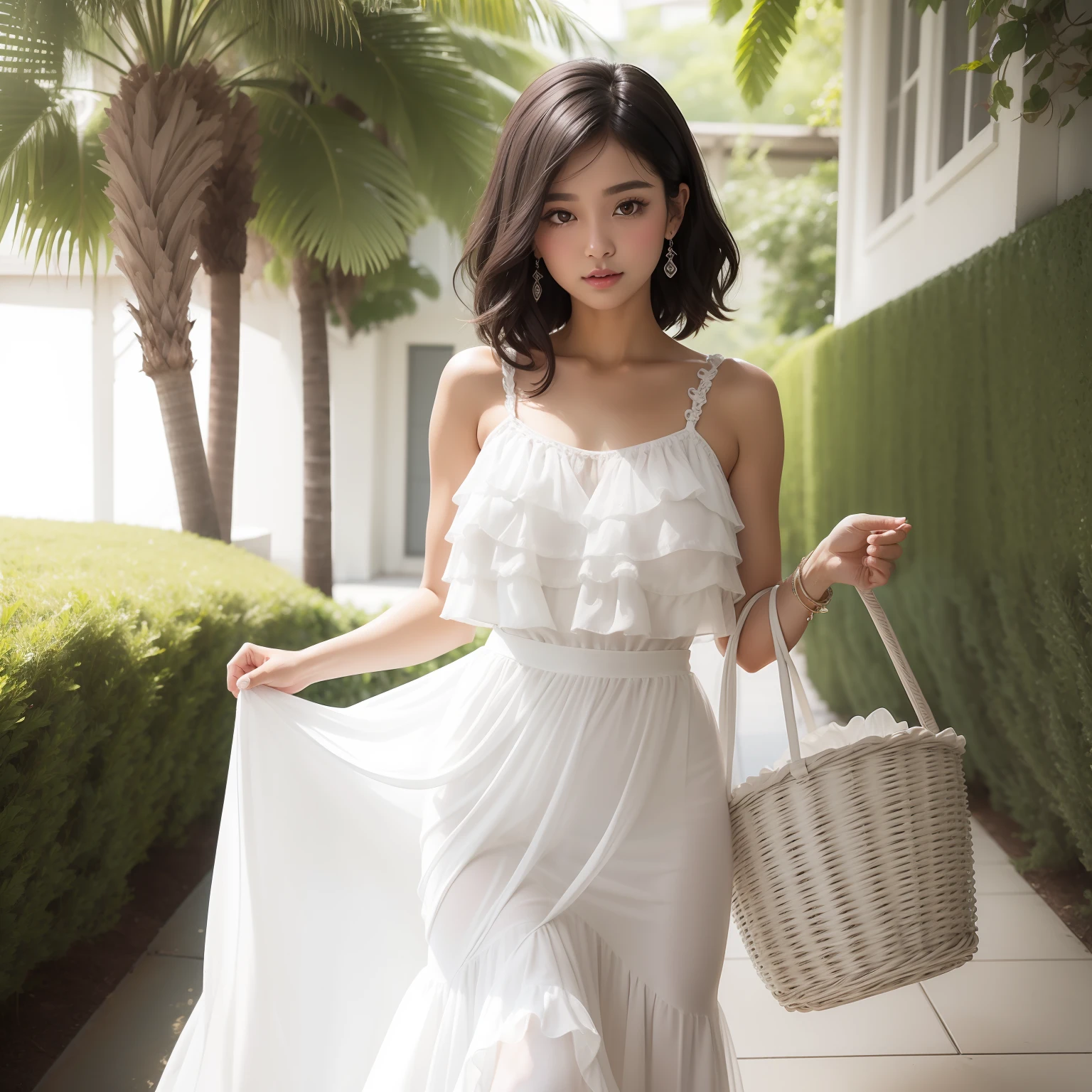 White Ruffled Chiffon Sleeveless Top, White Tulle Maxi Skirt Dress, Mermaid Line, wicker basket、A dark-haired、short-cut、Half black and half white woman、Brown-skinned、big eye