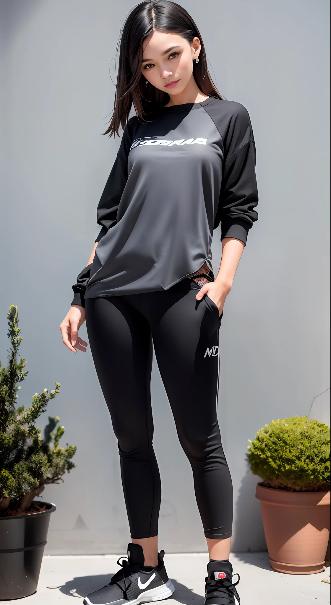 a woman standing in a grey top and black leggings, Leggings, Leggings pretas, Leggings Pretas, usando equipamento de fitness, foto fit, Encaixe figura delicada, roupas esportivas fofas, roupas esportivas, perto de um magro, menina em forma, Pose de corrida, roupas esportivas, Pose casual, camisola cinzenta, Leggings, usando roupas pretas apertadas, roupa apertada, panthyhose, fotografiarrealista, fotografia, obra-prima, realista, Realismo, renderizado, Alto contraste, Arte Digital, fotográficorealista, trend in Artstation 8k HD, High definition, circunstanciado, Realistic;, detalhada, textura da pele, hiperdetalhada, Textura realista da pele,M, melhor qualidade, ultra high-resolution, (fotografiarrealista: 1.4), alta resolução, detalhada, fotografia crua, sharp re, Nikon D850 Film Stock Photography 4 Camera Kodak Portra 400 Lens F1.6 pale colors hyper realistic texture dramatic lighting unreal trend in artstation cinestill 800, RAW, Directed by: Lee Jeffreis.