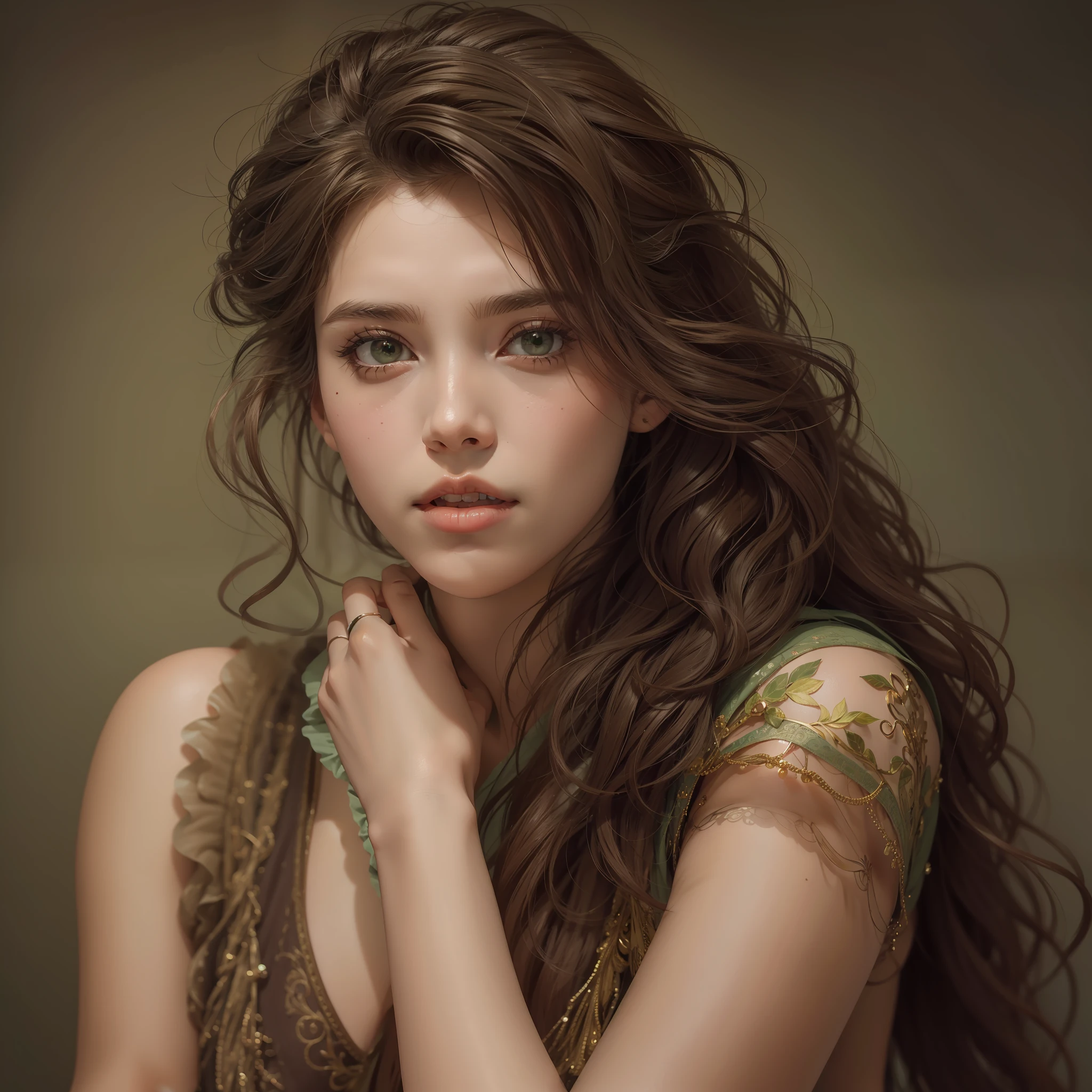 "(((obra-prima))), melhor qualidade, ultra-detallhado, High resolution CG image with a beautiful woman with brown hair with bright green eyes, retratados em detalhes fascinantes. His delicate body is accurately represented at every angle. Ela possui longos cabelos castanho que caem suavemente sobre seu vestido da era vitoriana. The upper part of his body is sculpted to perfection. "