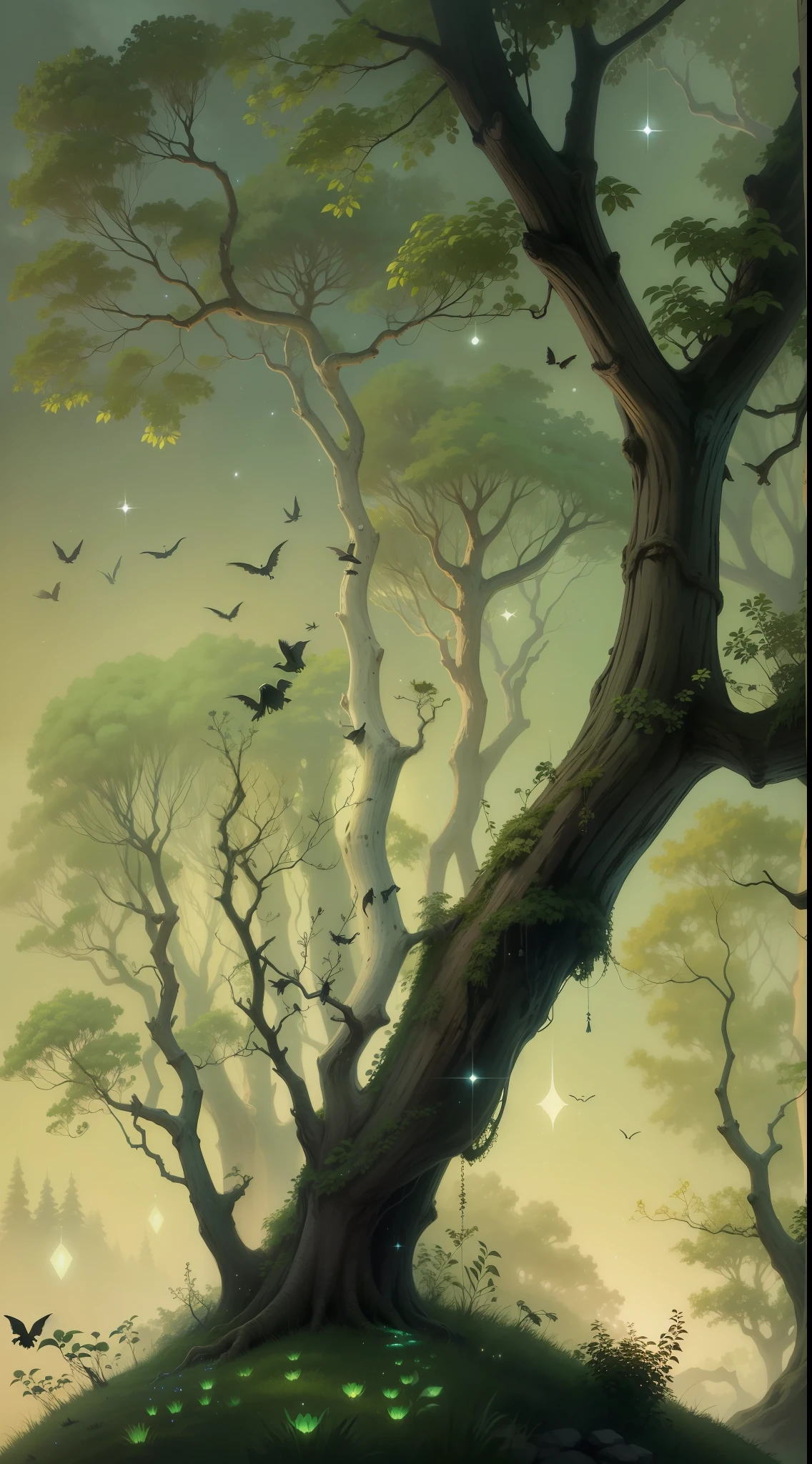 Under the black mantle of the starry sky, The forest turns into a world of mystery and magic at night. A lua, em sua plenitude, pours a silvery light over the treetops, creating dancing shadows that seem to whisper secrets in the wind. The nocturnal insects begin their symphony, preenchendo o ar com um suave zumbido, como se estivessem tecendo uma trama encantada.

As estrelas pontilham o firmamento com sua luz cintilante, creating a fairytale setting that lights up softly and ethereally;. A cada passo dado, Small particles of cosmic dust appear to float in the air, As if we were walking between constellations.

the trees, altas e imponentes, cast elongated shadows on the ground, creating a play of light and dark that lends an aura of mystery to everything around. The branches intertwine forming enigmatic arches, inviting the eyes to follow the invisible paths that extend in all directions.

As the night progresses, as criaturas noturnas saem de seus esconderijos. Owls cast their piercing gazes on the environment, as bats glide gracefully across the sky, performing your aerial maneuvers with millimeter precision. The luminous eyes of small animals glow in the darkness, revealing only a fraction of the vast diversity that inhabits this enchanted forest.

The aromas of the night are distinct and intense, uma mistura de umidade, moss and vegetation. The air is fresh and charged with energy, revitalizing the senses and inspiring a sense of deep calm. From a distance, pode-se ouvir o som sereno de um riacho, como um suspiro suave da natureza.

As the moon moves in the sky, as sombras e reflexos se alteram, transformando constantemente a paisagem noturna. A cada momento, a floresta revela novos segredos e nuances, as if it were an open book filled with unexplored pages.

The sense of isolation of civilization is palpable, And it's as if time has slowed down, allowing the contemplation of naturez