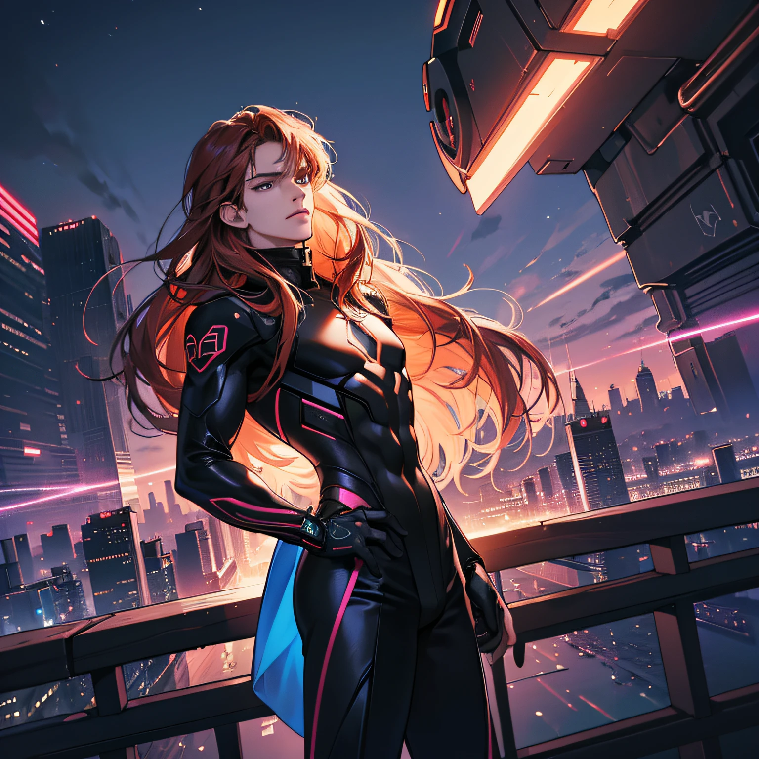(in 8K、topquality、tmasterpiece:1.2)、1 boy、Skinny macho、pretty eyes, beutiful、Upper torso, Long copper hair, all-black suit, ciberpunk, Futurism, Neon city in the background, the night, BEAUTIFUL POSE