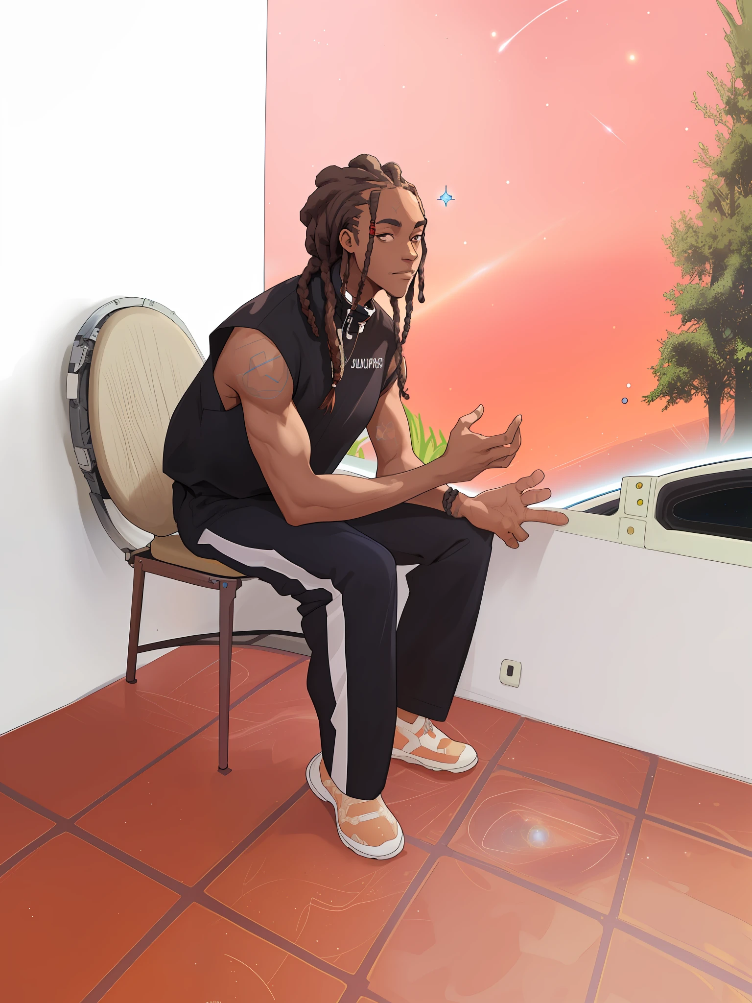 Afro man with braids sitting in space watching the stars
