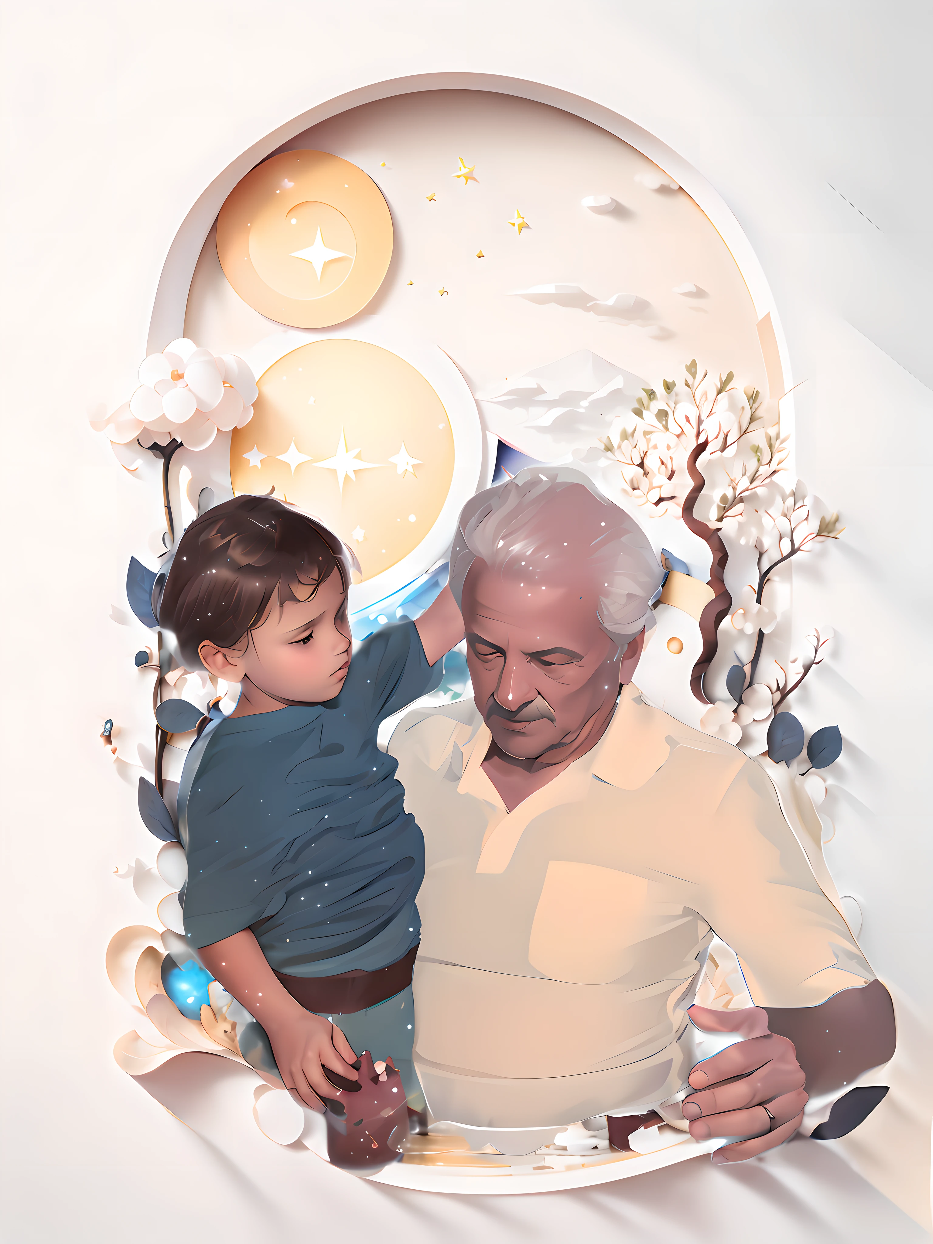 (((obra-prima))), melhor qualidade, illustration, lindodetalheedglow, Papel_cortar, tree, ....lua, nuvem, estrelas, passaros, Astros, universo, constructions, ((Realismo)), Fotografia RAW da mais alta qualidade, Child with grandfather, Child dreaming among the clouds, Child and grandfather among clouds, estrelas, ......lua, universo, Meeting with the grandfather in heaven, Child and grandfather together in heaven, (((master part))), best quality, heaven, Cloud, water, estrela, tree, noite, ....lua, Building, estrela \(heaven\), night sky, scenecy, starly sky, pintura em aquarela, fundo claro, melhor qualidade detalhes requintados, 3D rendering, octan render, (((ultra realistic))), (((Original reference))), ((Semelhante ao original)), ((The original photo doesn't change)), extremely detailed lighting, Lighting rich in shadow and light details, kinematic lighting, flutuando nas nuvens