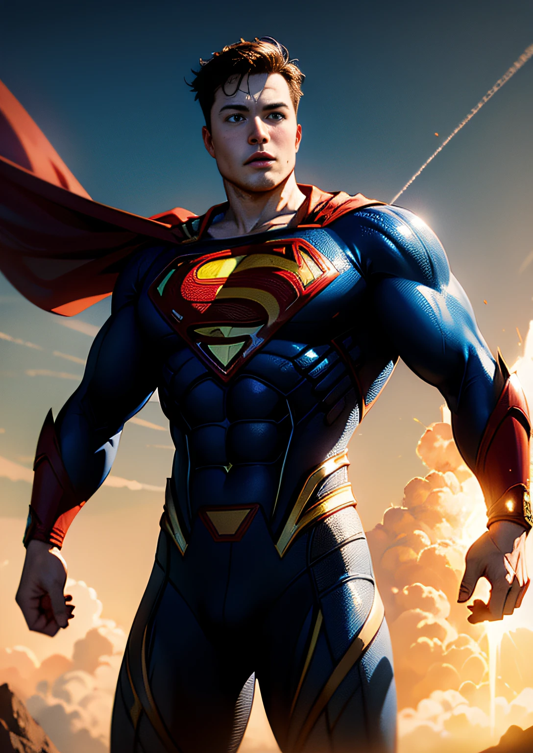 (elon musk como Superman), (Arte de Jim Lee) Magnificent background of the sky, dramatic, hermoso, premiado, obra maestra,