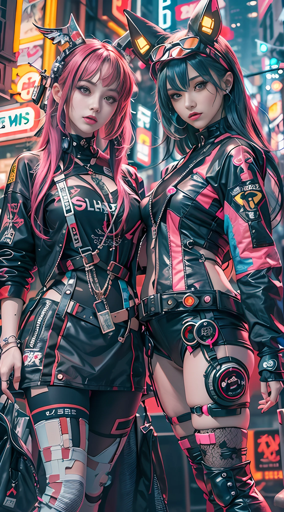 masterpiece, best quality, 2 confident cyberpunk girls standing together, Harajuku-inspired cyberpunk body harness, bold colors and patterns, eye-catching accessories, trendy and innovative hairstyle, vibrant makeup, Cyberpunk dazzling cityscape, skyscrapers, neon signs, LED lights, bright and vivid color scheme, anime, illustration, detailed skin texture, detailed cloth texture, beautiful detailed face, intricate details, ultra detailed.