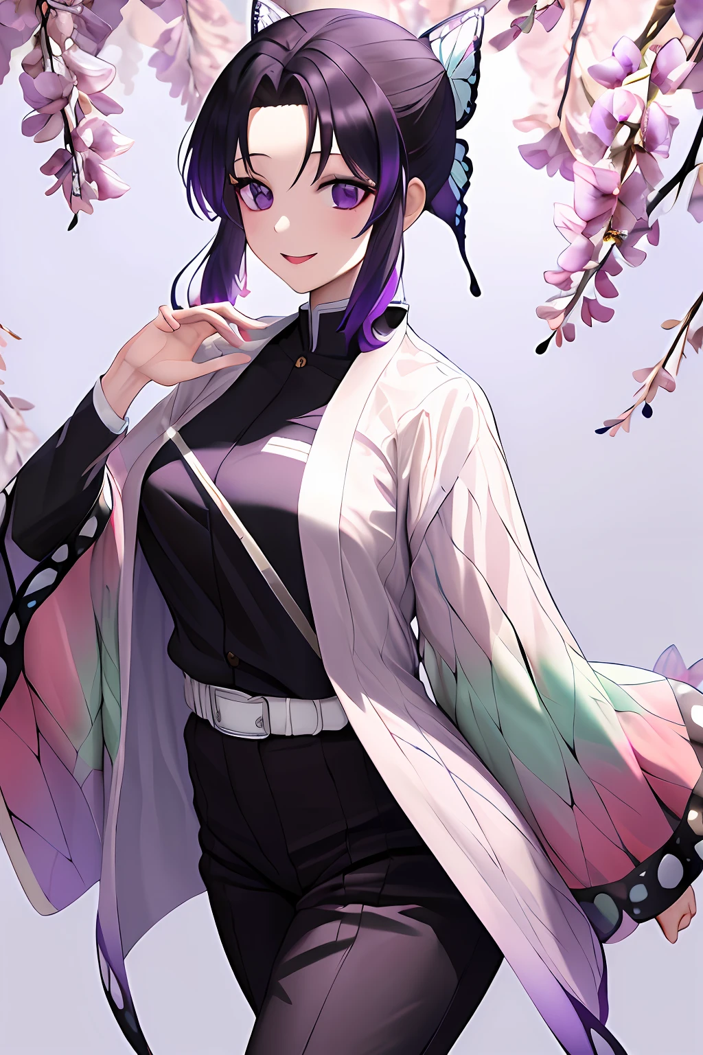 masterpiece, best quality, highres, 1girl, solo, kochou shinobu, butterfly hair ornament, purple eyes, multicolored hair, short hair, parted bangs, haori, long sleeves, wide sleeves, black pants, black jacket, belt, cowboy shot, smile, standing, purple flower, white background,