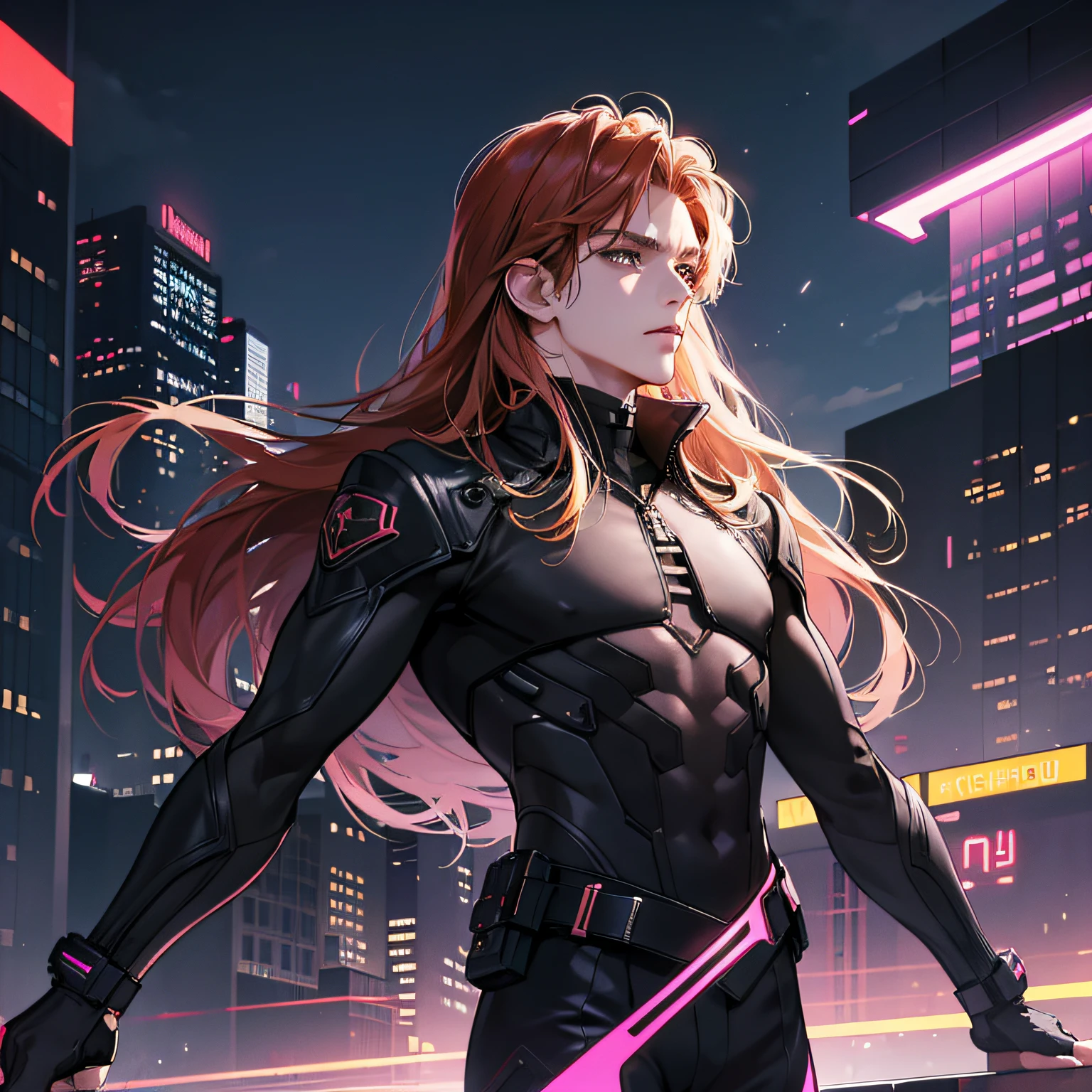 (in 8K、topquality、tmasterpiece:1.2)、1 boy、Skinny macho、pretty eyes, beutiful、Upper torso, Long copper hair, all-black suit, ciberpunk, Futurism, Neon city in the background, the night