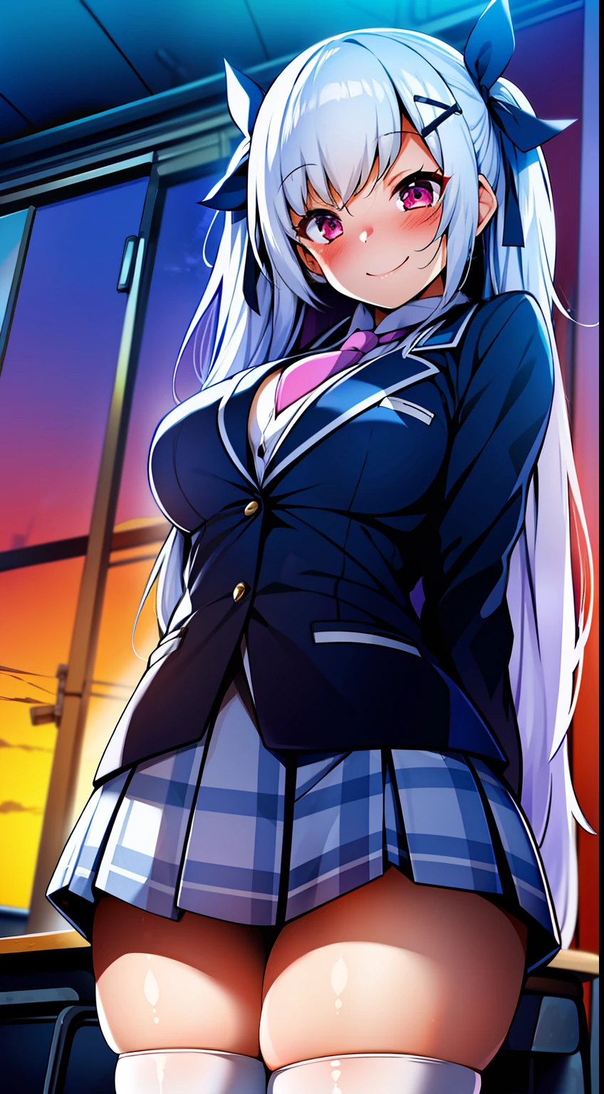 1girl,solo,,hair ribbon,black ribbon,twintails,silver hair,very long hair,bangs,x hair ornament,pink eyes,+ +,large breasts,smile,happy,school uniform,blazer,open jacket,White shirt,collared_shirt,blue necktie,pleats  skirt,plaid_skirt,miniskirt,thighhighs,front view,indoor,sunset,classroom,cowboy shot,