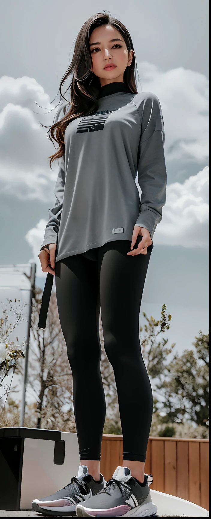 a woman standing in a gray top and black leggings, Leggings, Leggings Pretas, Leggings Pretas, usando equipamento de fitness, Photo adjustment, Encaixe figura delicada, roupas esportivas fofas, roupas esportivas, perto de um magro, menina em forma, Tauromaquia, roupas esportivas, Pose casual, camisola cinzenta, Leggings, usando roupas pretas apertadas, roupa apertada, panthyhose, fotografiarrealista, fotografia, obra-prima, realista, Realismo, renderizado, Alto contraste, Arte Digital, fotográficorealista, trend in Artstation 8k HD, High definition, circunstanciado, Realistic;, detalhada, textura da pele, hiperdetalhada, Textura realista da pele,m, melhor qualidade, ultra high-resolution, (fotografiarrealista: 1.4), alta resolução, detalhada, fotografia crua, sharp re, Nikon D850 Film Stock Photography 4 Camera Kodak Portra 400 Lens F1.6 pale colors hyper realistic texture dramatic lighting unreal trend in artstation cinestill 800, .RAW, Directed by: Lee Jeffreis.