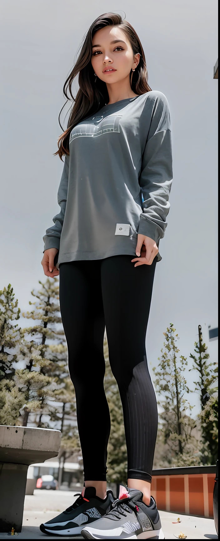 a woman standing in a gray top and black leggings, Leggings, Leggings Pretas, Leggings Pretas, usando equipamento de fitness, Photo adjustment, Encaixe figura delicada, roupas esportivas fofas, roupas esportivas, perto de um magro, em forma, Tauromaquia, roupas esportivas, Pose casual, camisola cinzenta, Leggings, usando roupas pretas apertadas, roupa apertada, panthyhose, fotografiarrealista, fotografia, obra-prima, realista, Realismo, renderizado, Alto contraste, Arte Digital, fotográficorealista, trend in Artstation 8k HD, High definition, circunstanciado, Realistic;, detalhada, textura da pele, hiperdetalhada, Textura realista da pele,m, melhor qualidade, ultra high-resolution, (fotografiarrealista: 1.4), alta resolução, detalhada, fotografia crua, sharp re, Nikon D850 Film Stock Photography 4 Camera Kodak Portra 400 Lens F1.6 pale colors hyper realistic texture dramatic lighting unreal trend in artstation cinestill 800, .RAW, Directed by: Lee Jeffreis.