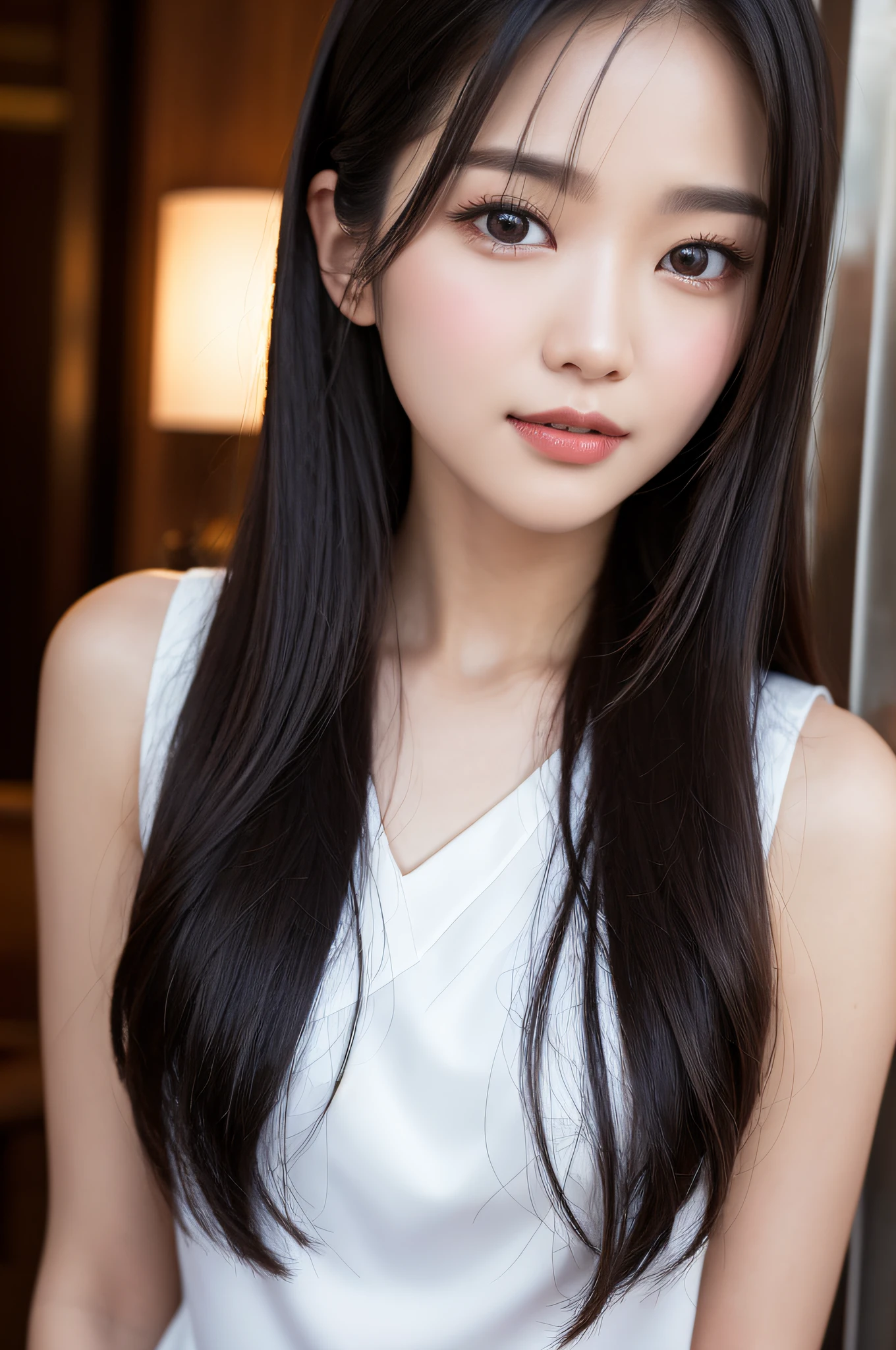 ((best qualtiy、8k masterpieces:1.3))、foco nítido:1.2、(ultra beautiful faces:1.0)、(shinny skin:1.0)、photos realistic、A dark-haired、Video Lighting、High-definition eyes and face、Video Lighting、(cowboy  shot:1.3)、(Korean Cute Actress)、from the front side、medium large breasts、ssmile、Sleeveless、Slender Abs Beauty、Wearing a white blouse