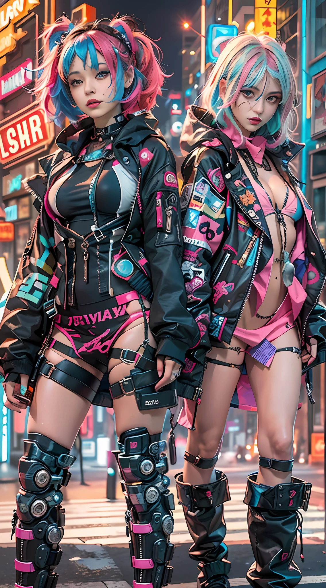 masterpiece, best quality, 2 confident cyberpunk girls standing together, Harajuku-inspired cyberpunk body harness, bold colors and patterns, eye-catching accessories, trendy and innovative hairstyle, vibrant makeup, Cyberpunk dazzling cityscape, skyscrapers, neon signs, LED lights, bright and vivid color scheme, anime, illustration, detailed skin texture, detailed cloth texture, beautiful detailed face, intricate details, ultra detailed.