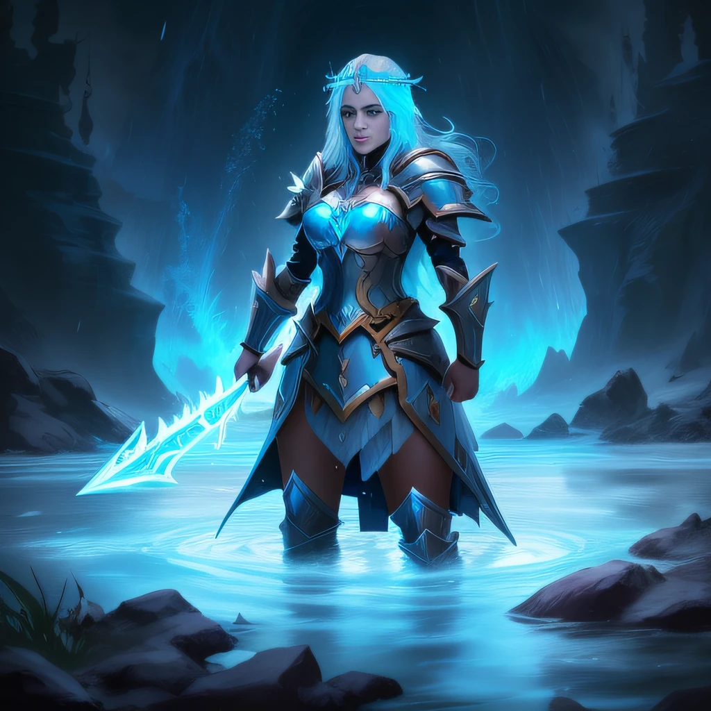 imagem arafed de uma mulher com uma espada em um lago congelado, water armor, Jaina Proudmoore, mago de gelo, arte de splash do personagem, fantasia paladin mulher, picture of female paladin, Rainha do gelo e da tempestade, Estilo de arte do mundo de Warcraft, clothed in ethereal battle armor, iconic character splash art, female paladin, Retrato do Paladino Feminino