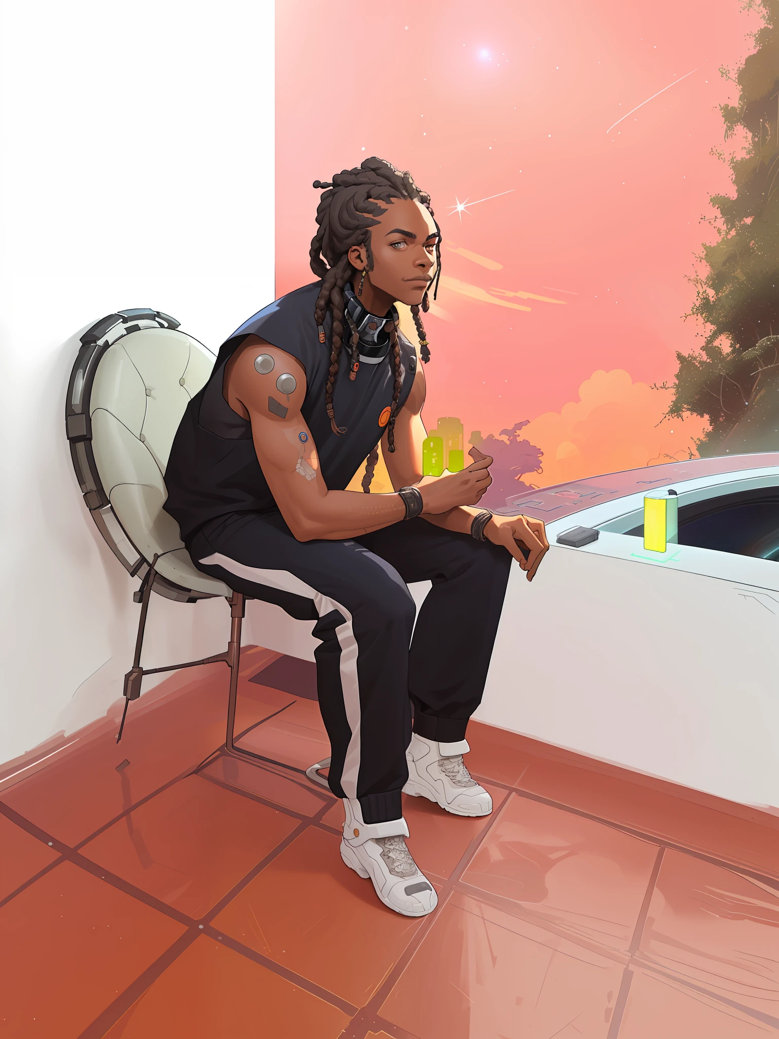 Afro man with braids sitting in space watching the stars, cyberpunk, sentado no trono fundo floresta