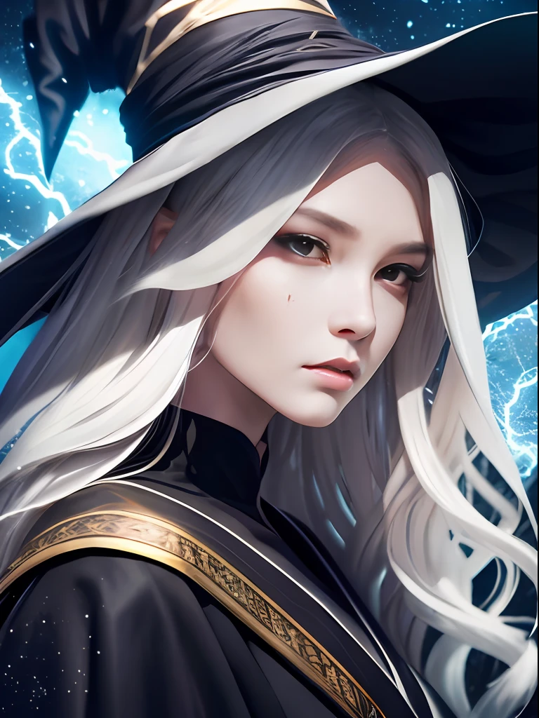RAW photo, one person, skin invisible, bustup portrate, witch, japanese face, Sensual beautiful woman with round cheeks, realistic facial expression, pale skin, wavy white hair, long hair, witch hat, white skin, slender body, wearing black witch robe with silver decoration, confident expression, (magic mysterious background, lightning, glowing particles, ethereal fog, faint darkness), high saturation, film light, rim light, best shadows, pointing here, background is urban ruins, (very detailed skin: 1.2), 8k UHD, DSLR, soft lighting, high quality, film particles, fujifilm XT3