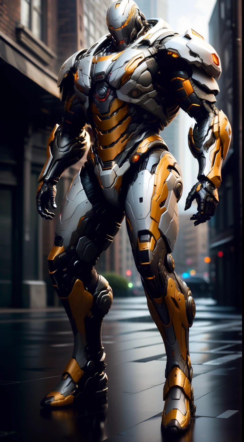 ((Best quality)), ((masterpiece)), (detailed:1.4), 3D, an image of 1 beautiful cyberpunk Mech, fit in frame, full body portrait, Action pose, superhero, HDR (High Dynamic Range),Ray Tracing, NVIDIA RTX, Super-Resolution, Unreal 5,Subsurface scattering, PBR Texturing, Post-processing, Anisotropic Filtering, Depth-of-field, Maximum clarity and sharpness, Multi-layered textures, Albedo and Specular maps, Surface shading, Accurate simulation of light-material interaction, Perfect proportions, Octane Render, Two-tone lighting, Small aperture, Low ISO, White balance, 8K RAW, standing in rain soaked street