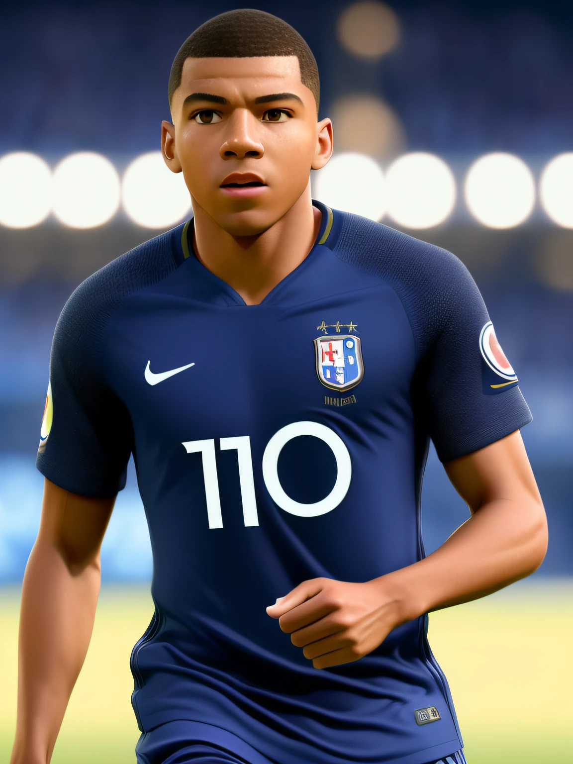 Mbappe, (Estilo Pixar) (obra-prima:1.2) (Bokeh) (melhor qualidade) (pele detalhada) (textura detalhada) (8k) (argila) (cinematic lighthing) (foco nítido), wearing a France shirt