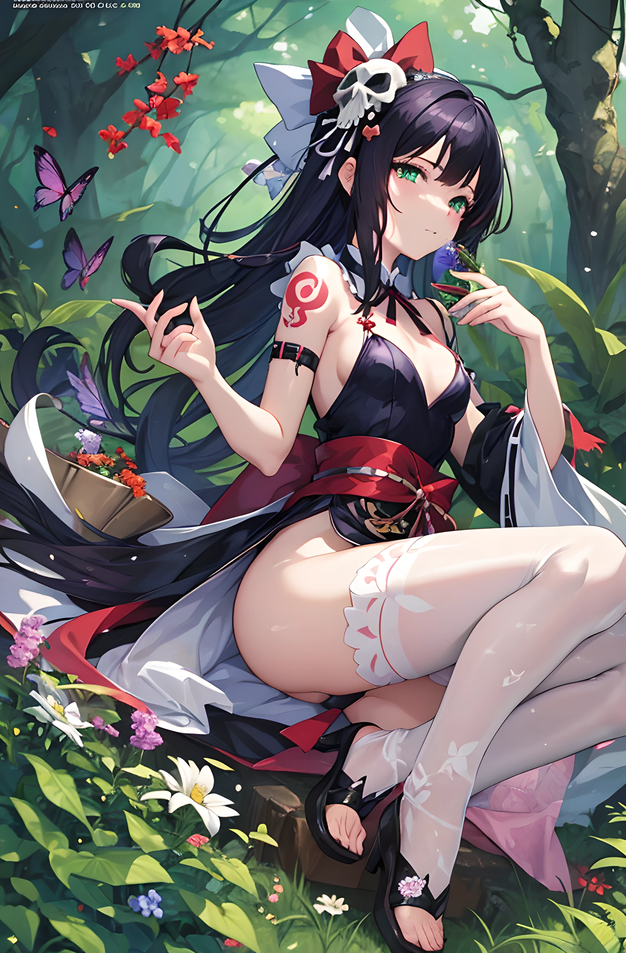 Anime girl in white dress with bucket of flowers, a maid in a magical forest, anime girls in maid costumes, anime maids riding early tanks, splash art anime , a sexy maid in a magical forest, insect trainer girl, anime cat girl in a maid costume, Lori, small curvy loliid clothes, (masutepiece, Best Quality, Official art, Beautiful and aesthetic:1.2), Beautiful woman with bird, Beautiful woman, hone onna skeleton geisha, With a geisha tattoo, Yakuza tattoos on the body, Oriental tattoos, Highly detailed tattoo, tattoo art, Full body tattoo, Full body tattoo, Highly detailed full-body art, Beautiful face of a woman, Beautiful green eyes, Skull Phoenix Bird, 8K, detail, Perfect.