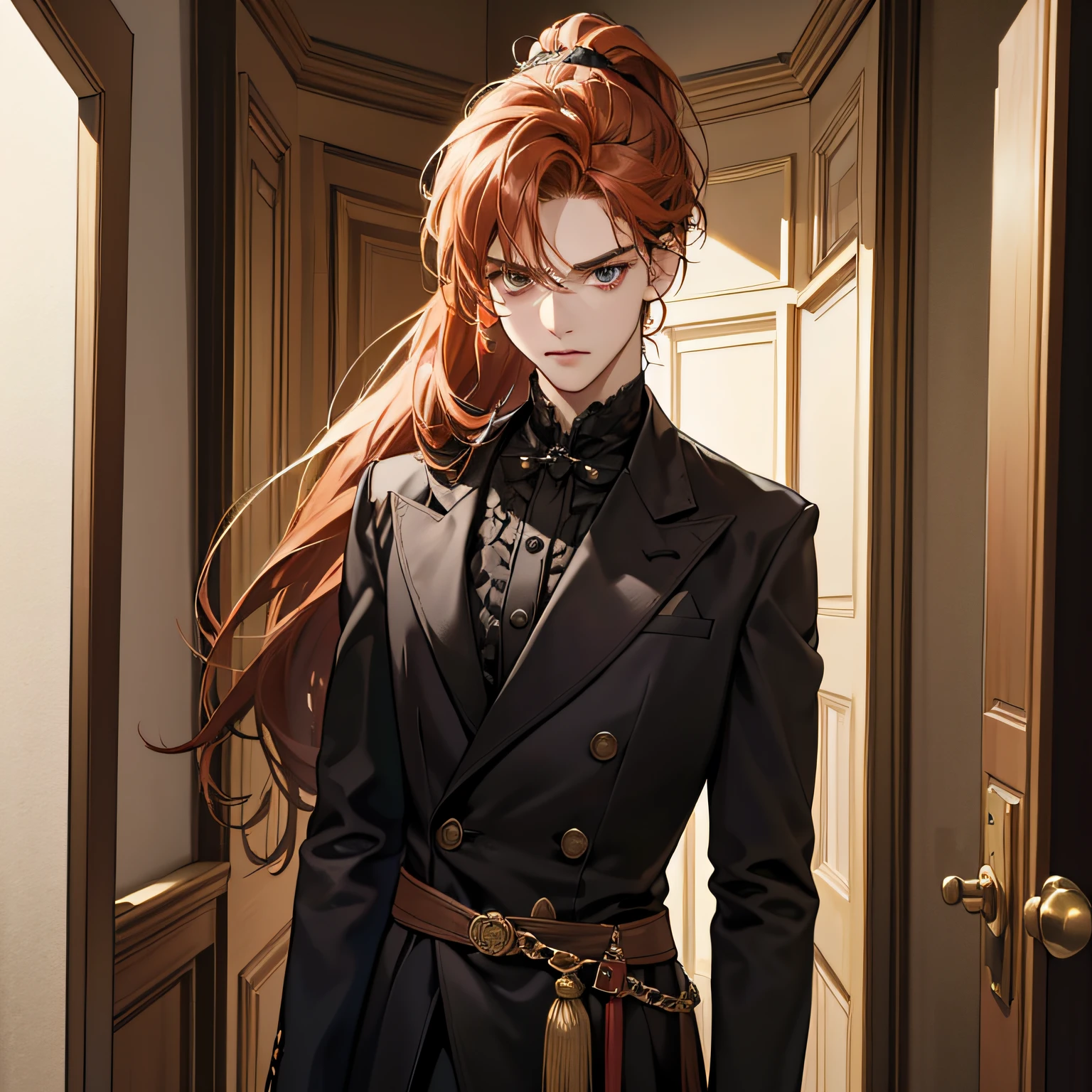 in 8K、topquality、tmasterpiece:1.2)、1 boy、Skinny macho、pretty eyes、madness, beutiful、Upper torso, Long copper hair, The hair is gathered in a ponytail at the back of the head, diplomat, Troika costume, Classic all-black suit, standing in the doorway, serious face, gloomy