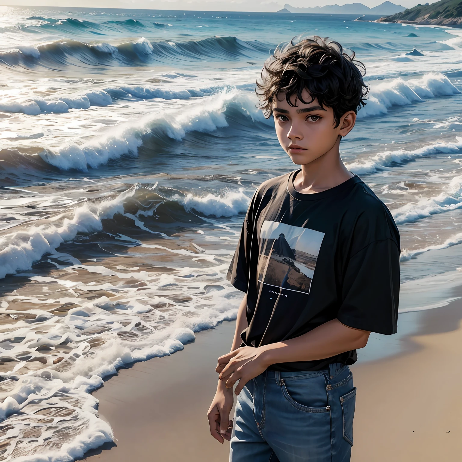 , Branco, 13 anos, triste, cabelos negros, olhos castanhos, alegres e marcantes, with arms crossed dressed in jeans and T-shirt, sentado na areia da praia  Imagem de melhor qualidade