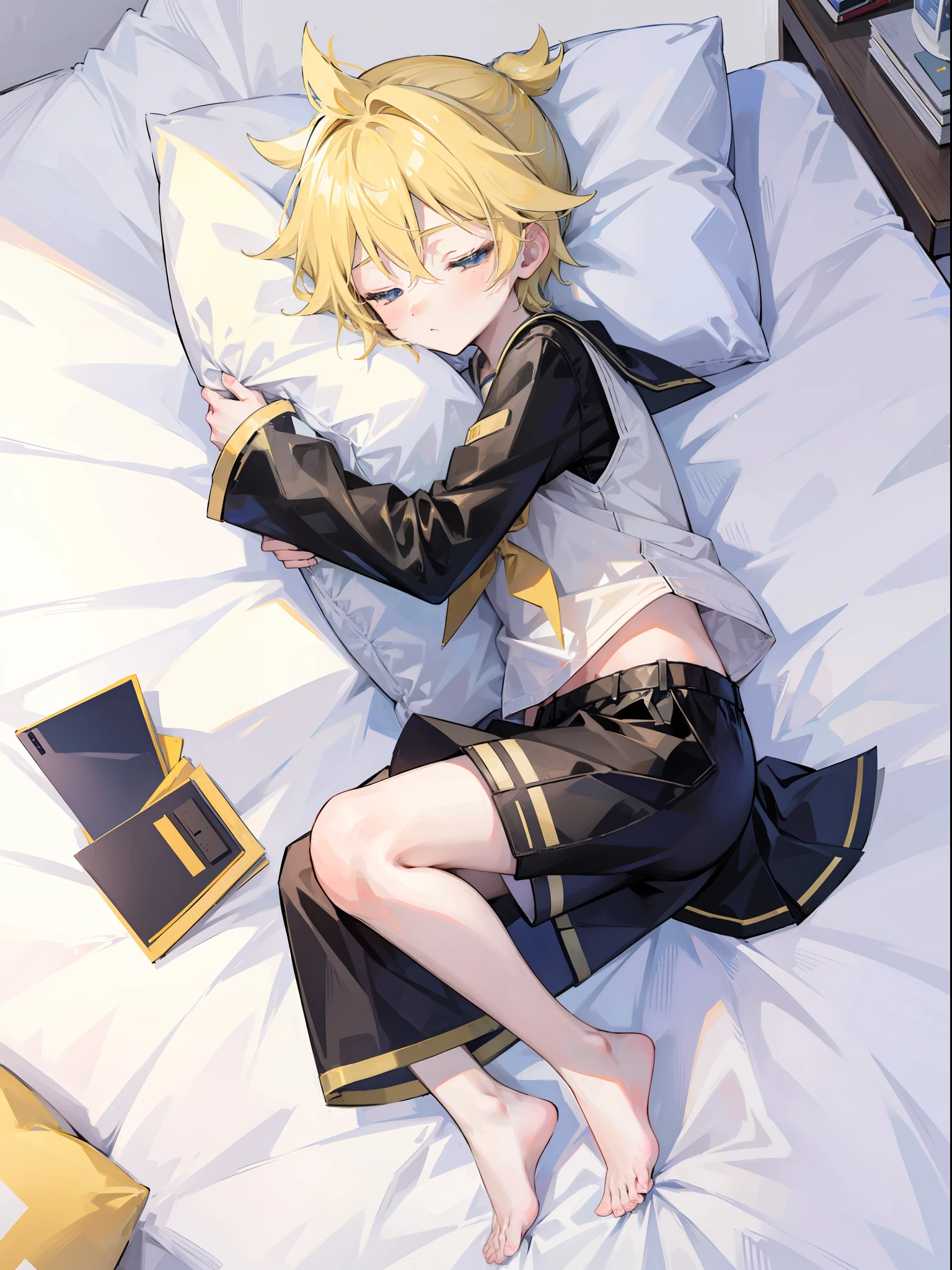 best quality, ultra precision, (one boy), (Len_Kagamine), cute, cool, blond hair, shota, cowlick, sailor uniform, black short pants, slender,  your cute boyfriend, innocent, boy model, boy is cute as if he is a girl, on bed, lying on bed, sleep peacefully, close eyes, boy is sleeping well, hugging pillow, full body