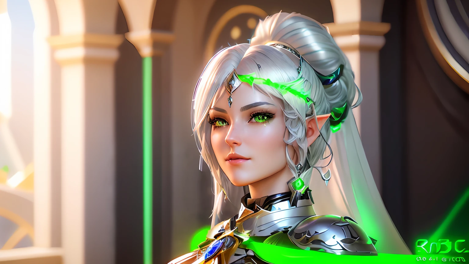arafed woman with green eyes and a green cape, hyperdetailed fantasy character, beautiful cyborg priestess, cyborg - girl with silver hair, wlop glossy skin, unreal engine render + a goddess, highly detailed character, close up character, 8k portrait render, elven character with smirk, render of mirabel madrigal, cute cyborg girl