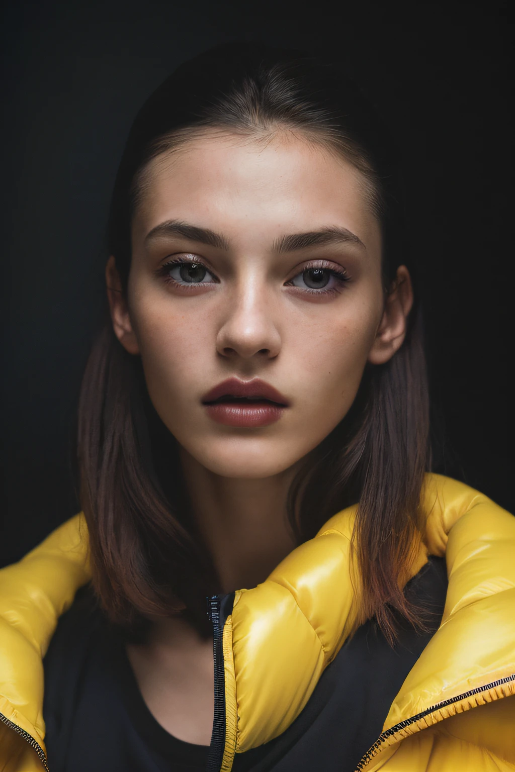 (close-up, editorial photograph of a 21 year old woman), (highly detailed face:1.4) (smile:0.7) (background inside dark, moody, private study:1.3) POV, by lee jeffries, nikon d850, film stock photograph ,4 kodak portra 400 ,camera f1.6 lens ,rich colors ,hyper realistic ,lifelike texture, dramatic lighting , cinestill 800, well lit fashion portrait shoot extremely beautiful (european style) male masculine man wearing massive oversized puffer jacket by craig green yellow, dingyun zhang, yeezy, balenciaga, vetements, sharp focus, clear, detailed, , cinematic, detailed, white, glamorous, symmetrical, vogue, editorial, fashion, magazine shoot, glossy --q 2