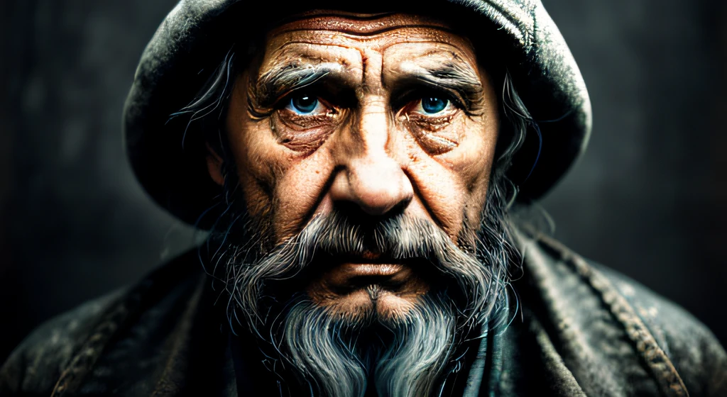 A portrait of poor russian 1800 old worker in rags, ((overwhelming fatigue )), wrinkles of age, concept art, oil pastel painting , moody gray colors , gritty, messy stylestyle of Alexey Savrasov, Ivan Shishkin, Ilya Repin, (cel shaded:1.2), 2d, (oil painting:1.2) highly detailed
