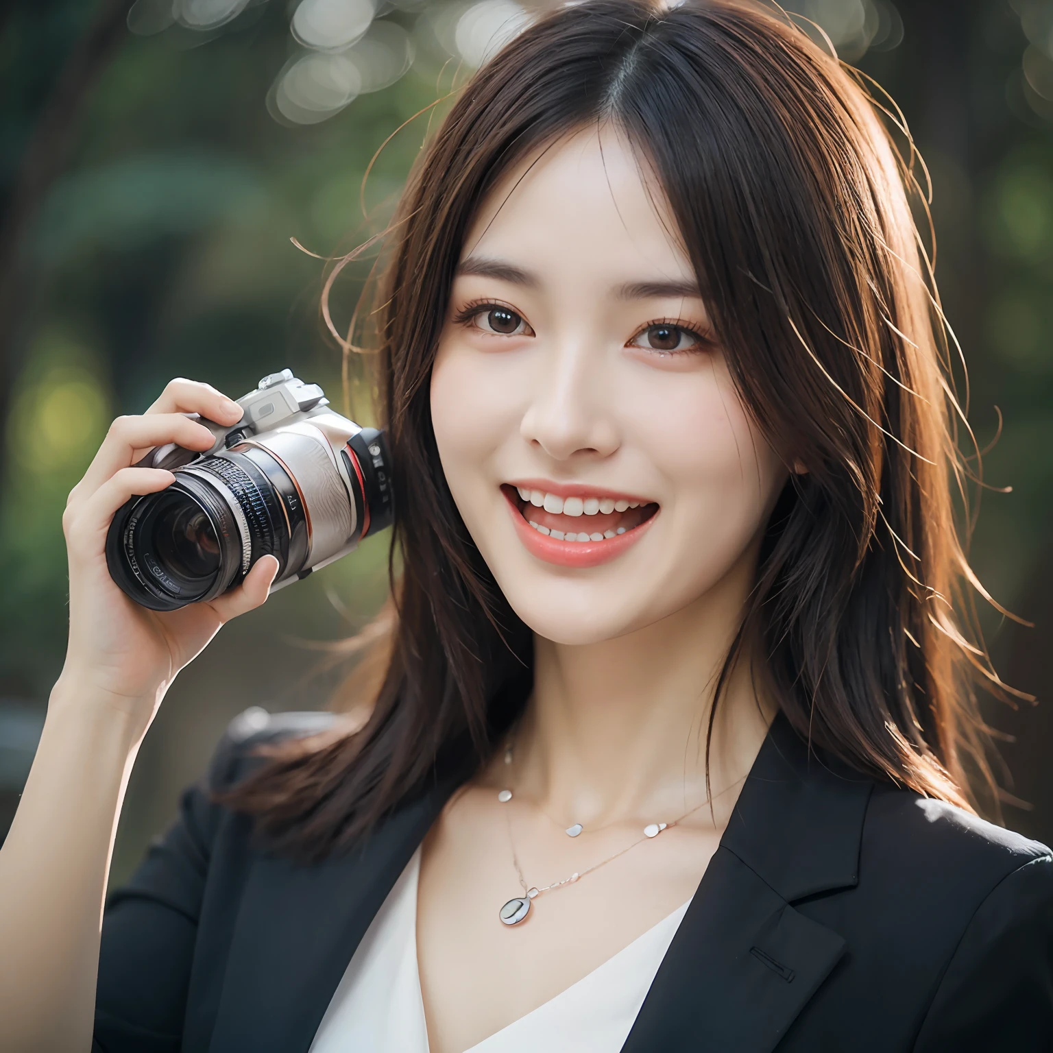 Dressed, (photographrealistic:1.4), (Hyper realistic:1.4), (Realistic:1.3), (Smoother lighting:1.05), (increase cinematic lighting quality:0.9), 32K, 1girl in,25-years old, Realistic lighting, Backlighting, Light on Face, raytrace, (Brightening light:1.2), (Increase quality:1.4), (Top quality real texture skins:1.4), finely detailed eyes, finerly detailed face, (tired and sleepy and joy:0), (Laugh:1.4), Black Suit,a necklace, (Increase body line mood:1.1), (Increase the beauty of skin texture:1.1)