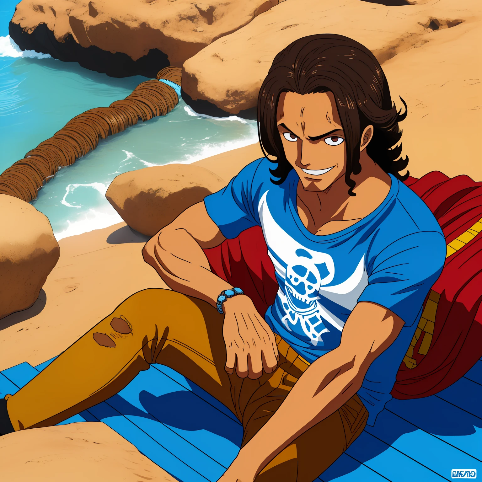 \(One_Piece\), (Estilo de arte de anime), ((sozinho)), 1menino, (1homem jovem), ((olhos detalhados)), (olhos castanhos claros), ((cabelo longo grande)), ((large blue t-shirt)), ((long brown jeans)), (logpose), (botas), ((cabelo negro)), (sorriso), (atletic_Corpo), ((pele morena bronzeada)), ((cicatrizes pelo corpo)), (cabelo volumoso longo), (cabelo cheio), ((cabelo arrepiado)), (luvas de engenharia), (cinto), bolsa de ferramentas (olhos relaxados), (boa qualidade), (bem desenhado), ((bem detalhado)), pirata, ((fundo branco)), ((fundo simples)),