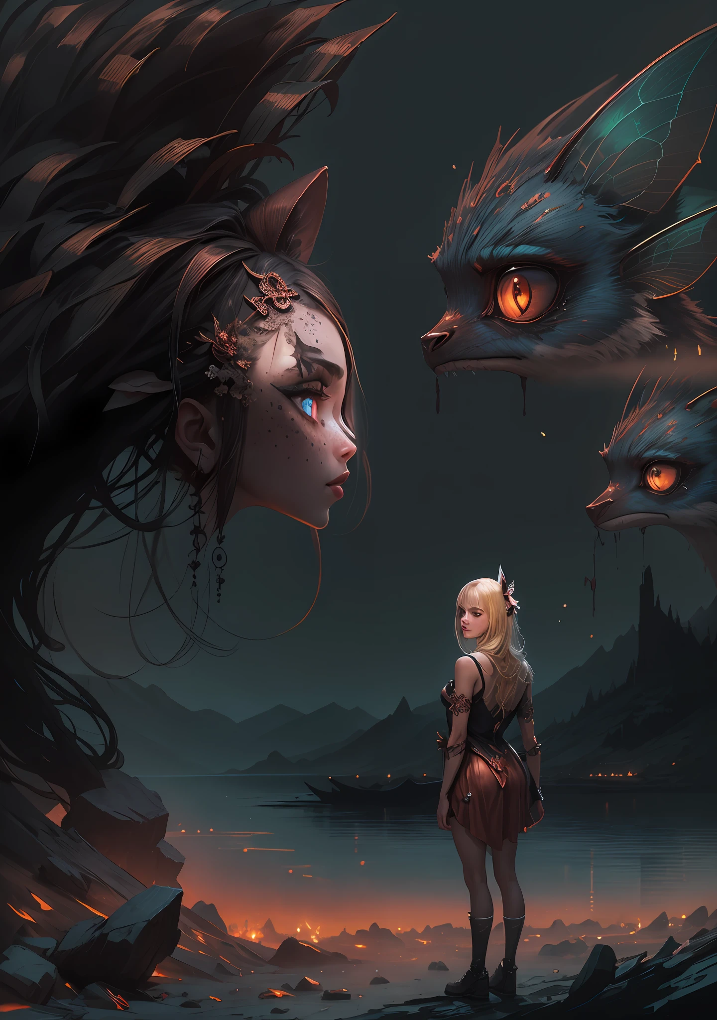 ((dark copper fairy-assassin )),golden black make up,blond hair,freckles,pretty face,eyebrow up,full body shot,ominous landscape,glate gray atmosphere,Simon Stalenhag,Nicola Samori,Wangechi Mutu,prime colors,Lisa Frank, ,urban,extremely detailed, [night landscape],masterpiece,intricate details,faded,eyes extremely detailed, high detailed eyes,4k resolution,RAW, Nikon Z9