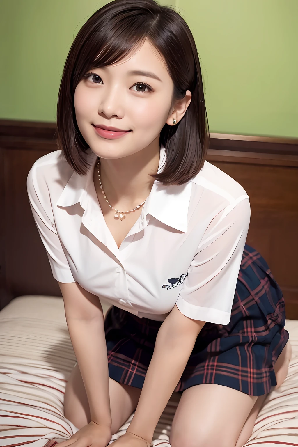 1人、Blushing cheeks、shyly smile、optic、large full breasts、Loose white shirt on chest、Tartan checked skirt、Girl in Japan school uniform、florals、hair pin、a necklace、piercings、Crawling on all fours on the bed、from below looking up、depth of fields、pointed red mouth、Glossy reddish-brown shorthair、Black eyes、鎖骨、Beautiful fingers、Hourglass body、portrait of a full body、