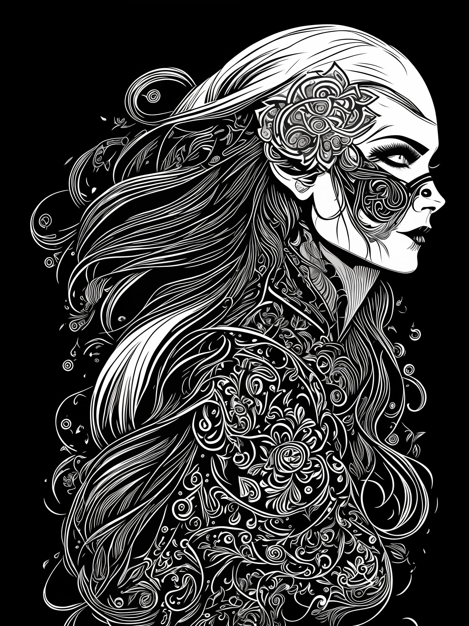 nordic eir, t-shirt art, 2D, ((black background :1, 5)), vector, vivid colors, masterpiece, best quality, intricate details, perfect symmetrical face, realistic details, gothic theme, rim light, moonlight, cinematic shading, Greg Rutkowisk