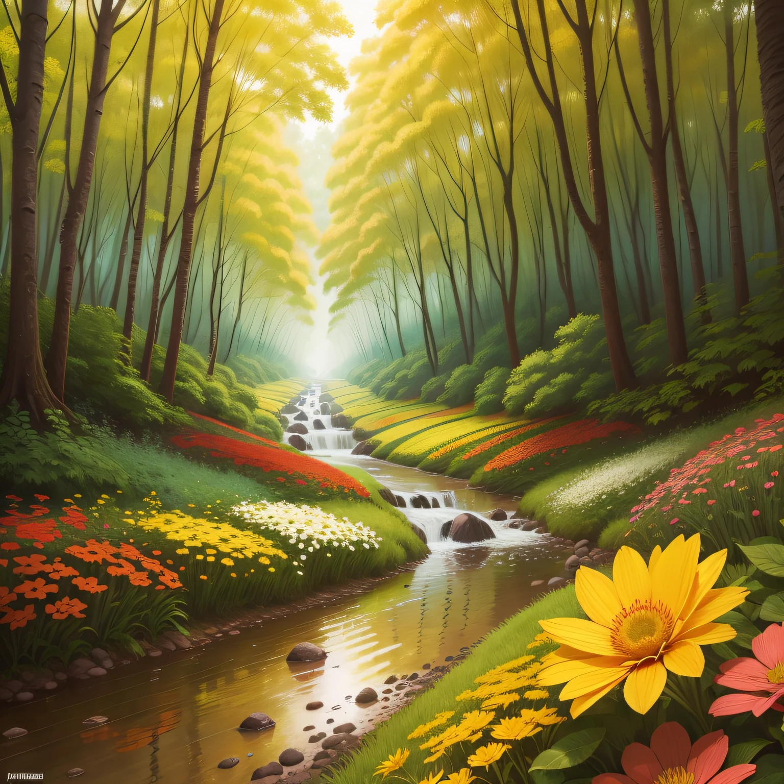 floresta com muitas flores, flores azuis, amarelas, verdes, rosas, vermelhas, rios, 2D, desenho colorido, passaros, borboletas, passarinhos, borboletas, animais, fofos