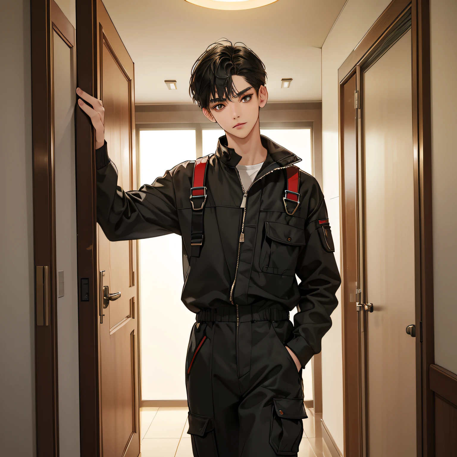 (in 8K、topquality、tmasterpiece:1.2)、1 boy、Skinny macho、pretty eyes, beutiful、Upper torso, short black hair, Asiatic, scar on the cheek, Gray auto mechanic jumpsuit, stands in the corridor of the hotel, Frame through the door frame, surprised face