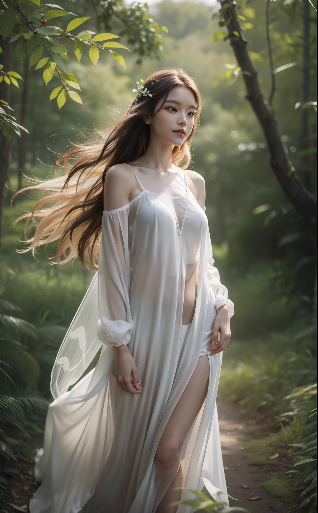 a smile、being thin、Photo of a gorgeous 20-year-old Finnish fairy wearing (White Flow Dress:1.2) And (Delicate fairy wings:1.2), , (Sateen:1.1), on forest path:,, masutepiece, Barefoot, (Natural lighting:0.8), 8K, ((Realistic)), , the woods、covering the navel、hiding breast、Hide legs、(Curvaceous)femele(flawless skin:1.11)、The upper part of the body、Alafed woman in white dress posing for photo, very beautiful top model, A beautiful maiden, goddess of the forest, , goddes, ,, Beautiful tree, , beautiful and elegant, Glamorous robes, nature goddess, long weave brown hair,8k artistic portrait photography, , portraitures, The upper part of the body、Shot with Canon EOA 6 D Mark II, , portrait shot, taken with canon eos 5 d mark iv, , Aesthetic portrait、face perfect