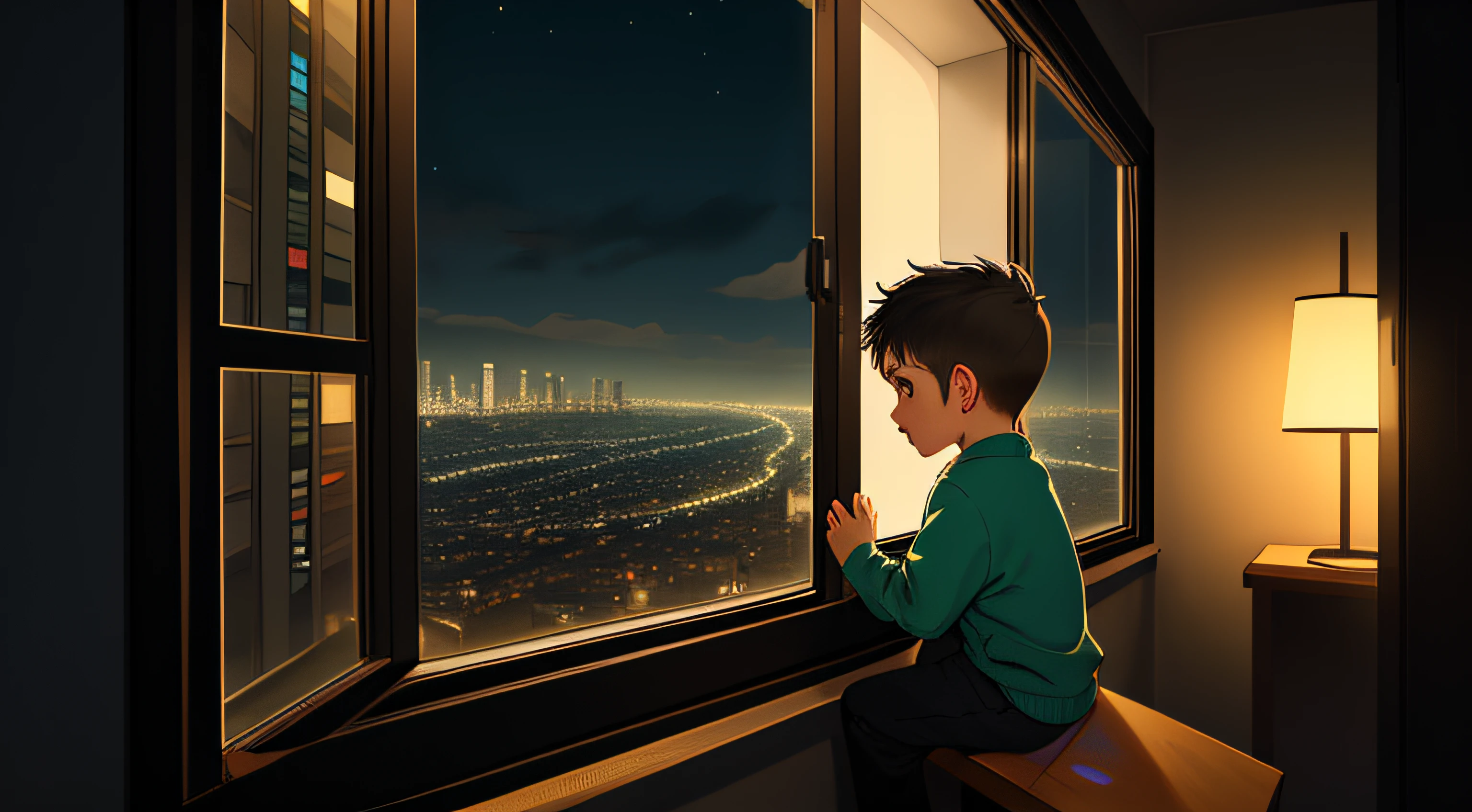 a little boy seeing city from window at night
