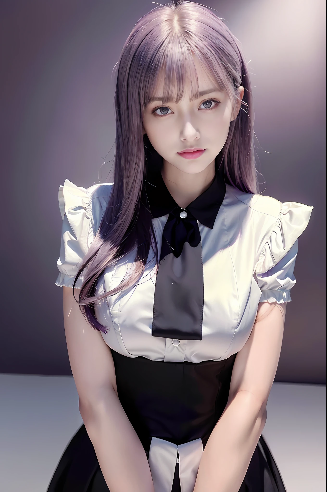 1girl,beautiful vintage color, instagram (photorealistic, high resolution:1.4), ((puffy eyes)), looking at viewer, , full body (8k, RAW photo, best quality, masterpiece:1.2), (realistic, photo-realistic:1.37),(sharp focus:1.2), professional lighting, photon mapping, radiosity, physically-based rendering, (pale skin:1.2),(small breasts:1.2), looking at viewer, (middle hair:1.5), portrait, purple eyes, (sliver hair:1.1),bangs, (simple background:1.4), solo, upper body, realistic,(masterpiece:1.4),(best quality:1.4),(shiny skin),fashi-girl,makeup,smile(skinny,closed mouth,shy :1.3) ,(standing,black Stewardess uniform,Necromancer:1.1),medium bust,sexy pose ,