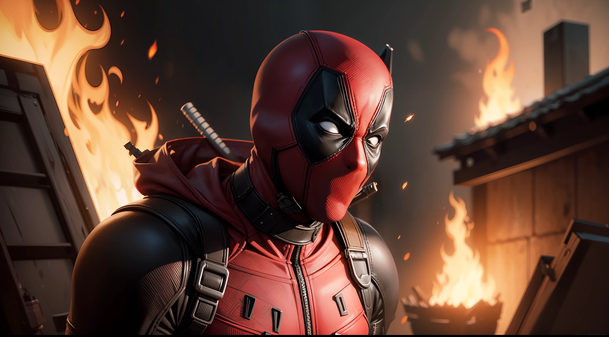 cinematic shot of realistic cute deadpool , surounded by fire, seamless, epic, cinematic, intricate detail, award winning, great lighting, shading, high quality, detailed