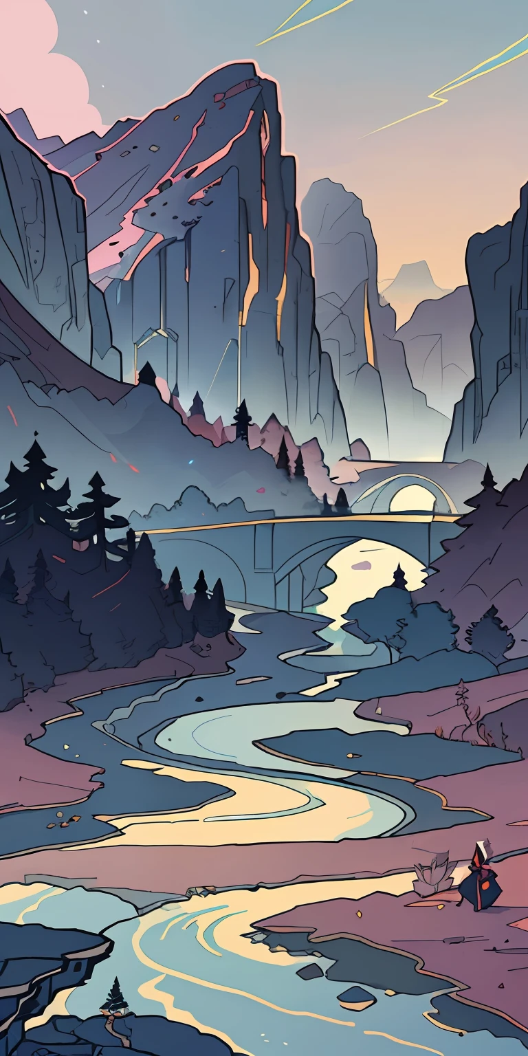 Cartoon illustration of a river crossing a valley with mountains in the background, inspirado por Kilian Eng, kilian eng cores vibrantes, kilian eng cores vibrantes, Directed by: Kilian Eng, Brittney Lee, detailed digital illustration, Estilo de Kilian Eng, desenho digital detalhado, Moebius e Kilian eng, scenery art detailed, baixo detalhamento. pintura digital, landscape illustration