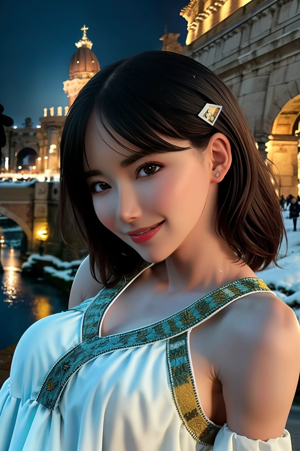 Best quality, 超高分辨率, Detailed face, Realistic face,RAW photo,2girls,duo,navel,(Castel Sant'Angelo in Rome,crowd,winter,Snow),(cheerful big breasts, Energetic, cheerfulness:1.4), Green eyes, Small hair clips with ladybugs, 
(hdr:1.4), Dramatic, the complex background, Cinematic, cinematic ligh, (rootkowski, art  stations:0.8),
insanely details, Intricate details, ultra - detailed, Low contrast, Soft cinematic light, exposure blend, hdr ,