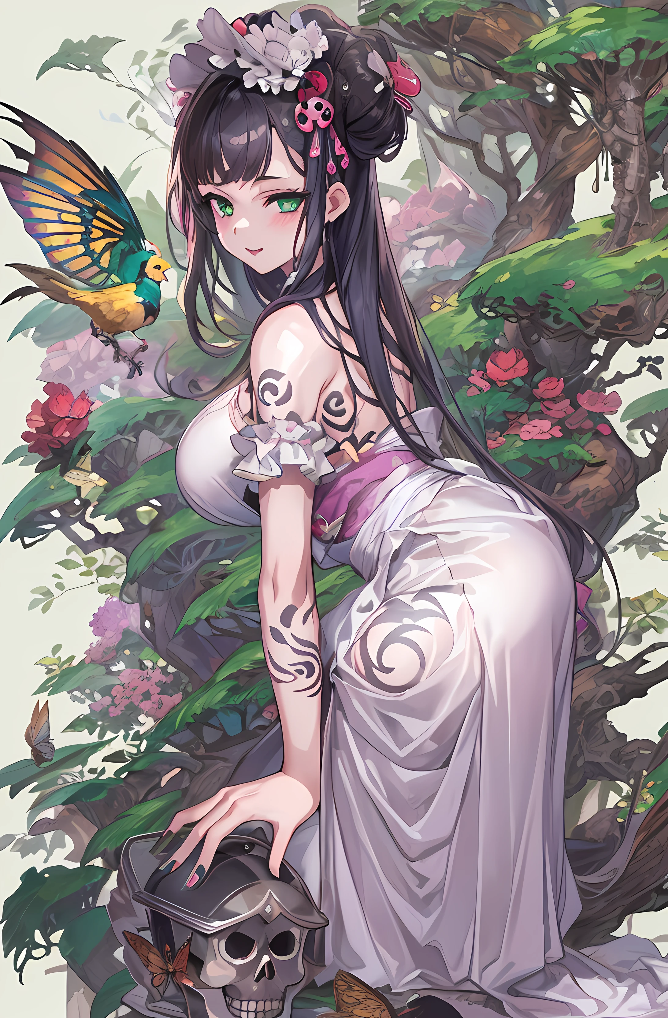 Anime girl in white dress with bucket of flowers, a maid in a magical forest, anime girls in maid costumes, splash art anime loli, a sexy maid in a magical forest, insect trainer girl, anime cat girl in a maid costume, Lori, small curvy loli, maid clothes, (masutepiece, Best Quality, Official art, Beautiful and aesthetic:1.2), Beautiful woman with bird, Beautiful woman, hone onna skeleton geisha, With a geisha tattoo, Yakuza tattoos on the body, Oriental tattoos, Highly detailed tattoo, tattoo art, Full body tattoo, Full body tattoo, Highly detailed full-body art, Beautiful face of a woman, Beautiful green eyes, Skull Phoenix Bird, 8K, detail, Perfect.